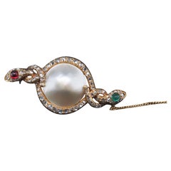 Broche victorienne à double serpent en diamant taillé en rose, émeraude et rubis - VHK#341a