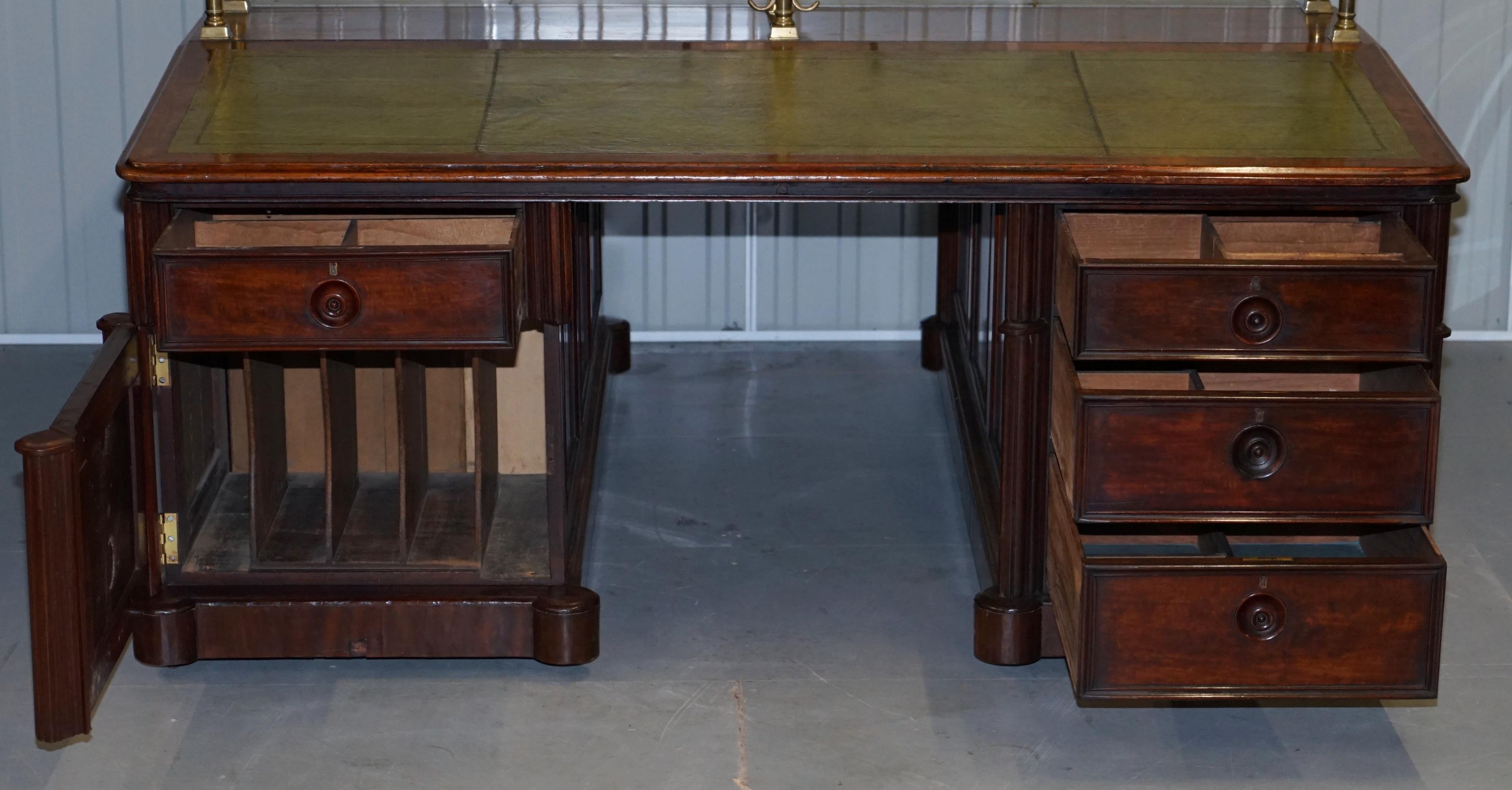 Victorian Double Sided Luxury Honduras Hardwood Brass Green Leather Banking Desk 6