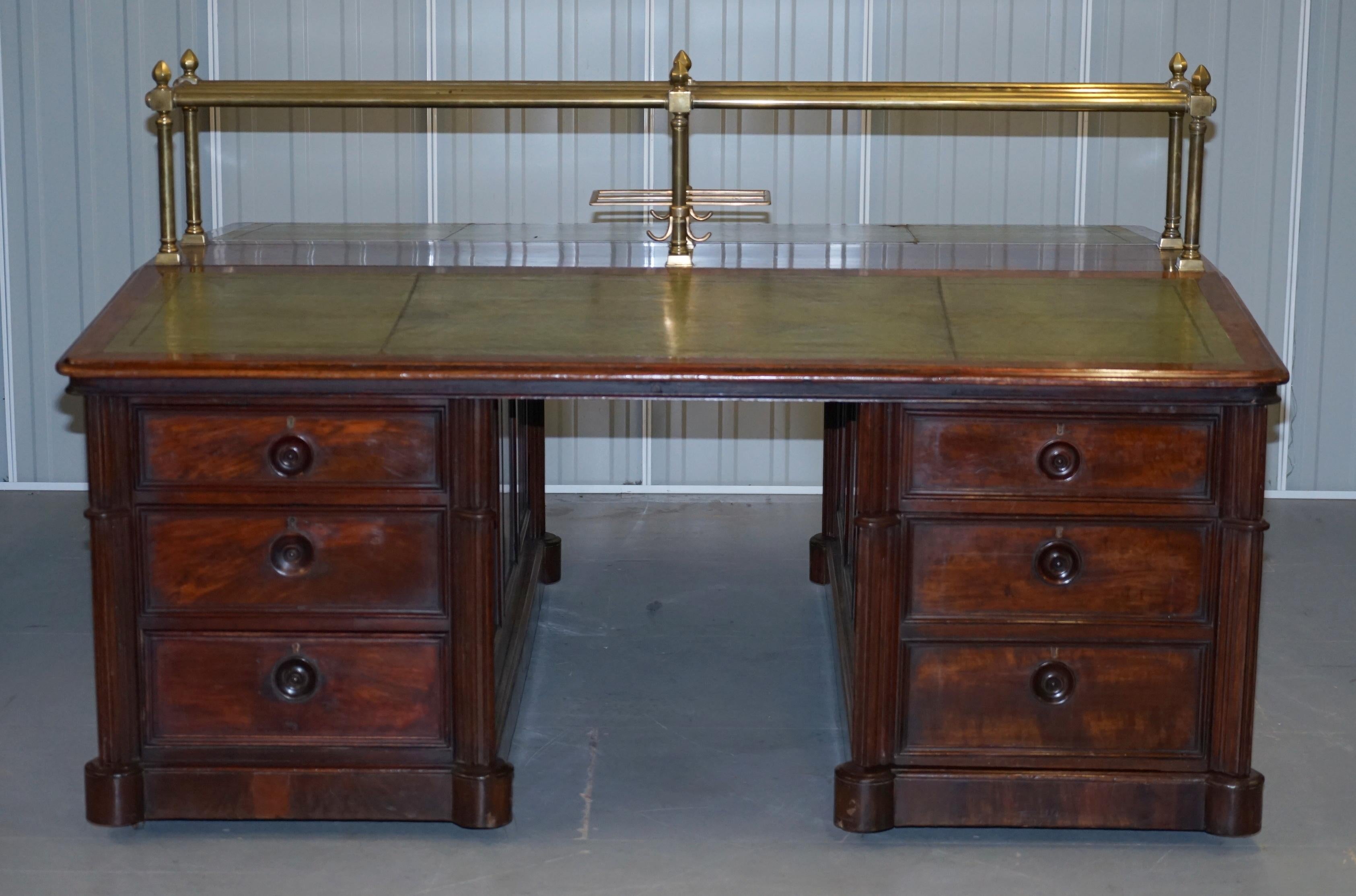 Victorian Double Sided Luxury Honduras Hardwood Brass Green Leather Banking Desk 9