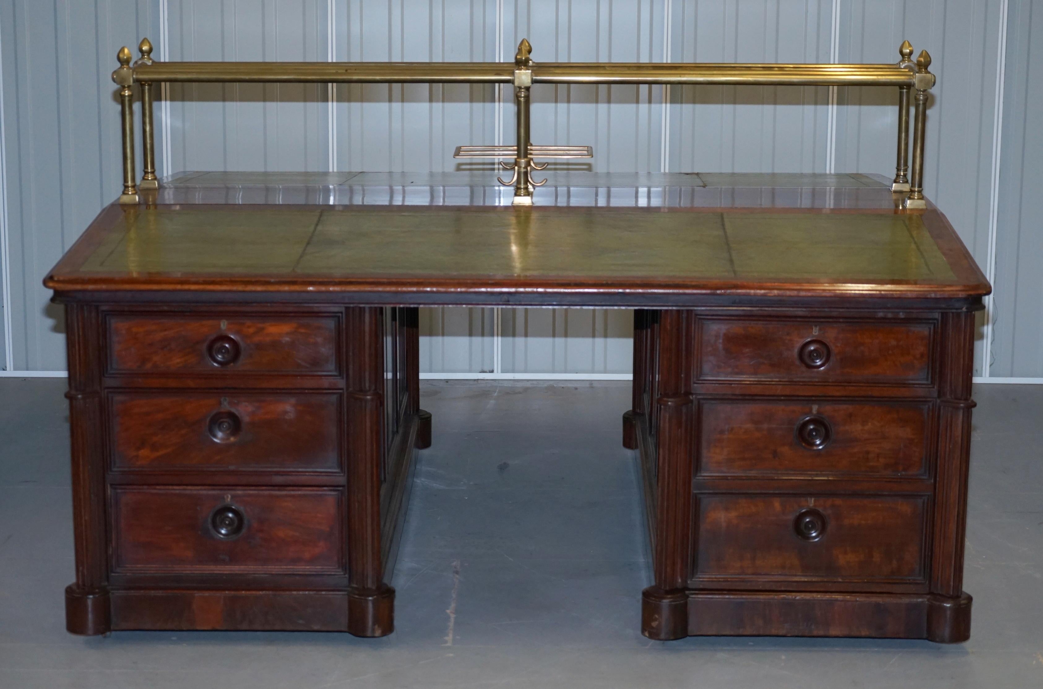 Victorian Double Sided Luxury Honduras Hardwood Brass Green Leather Banking Desk 8