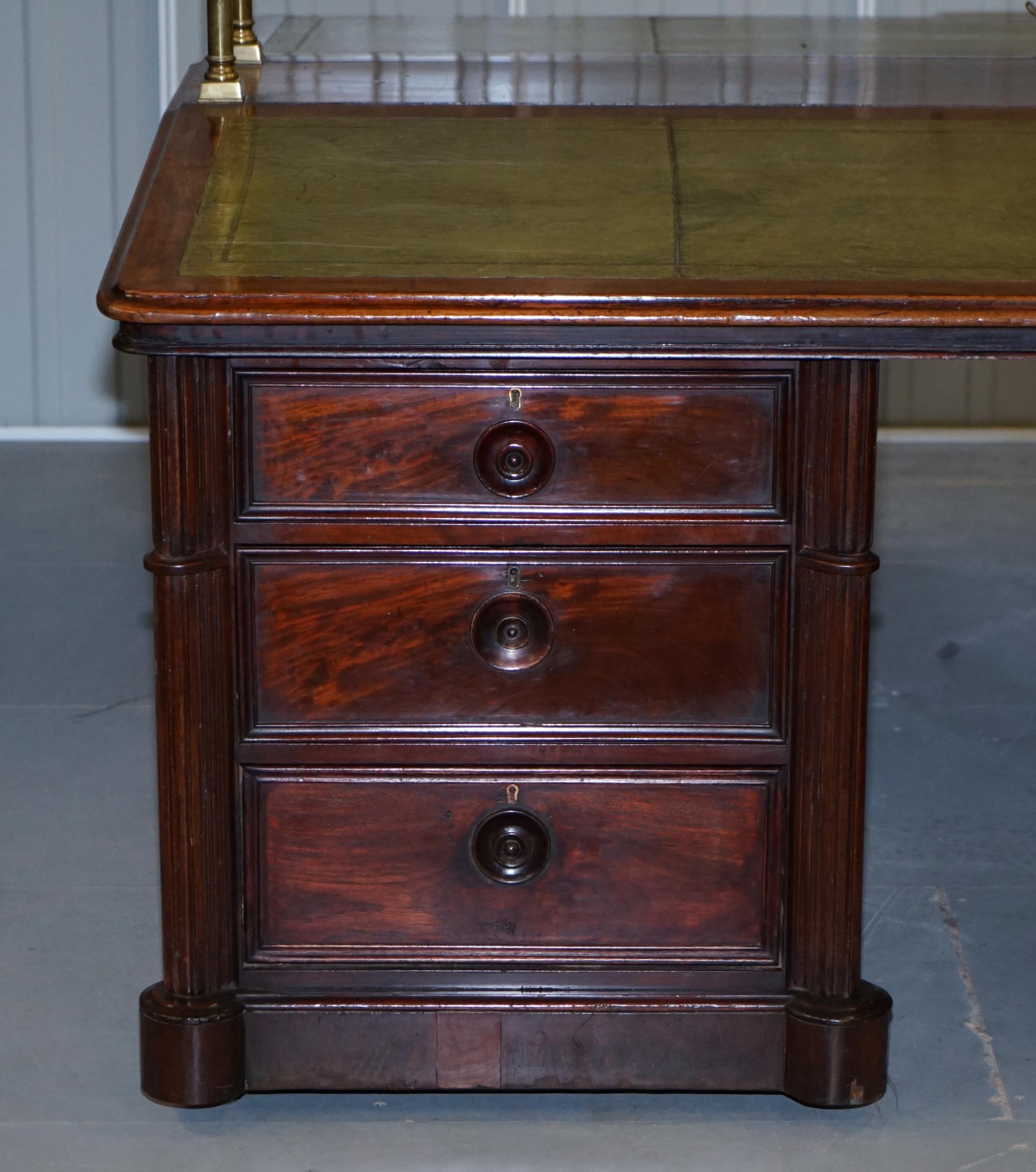 Victorian Double Sided Luxury Honduras Hardwood Brass Green Leather Banking Desk 9