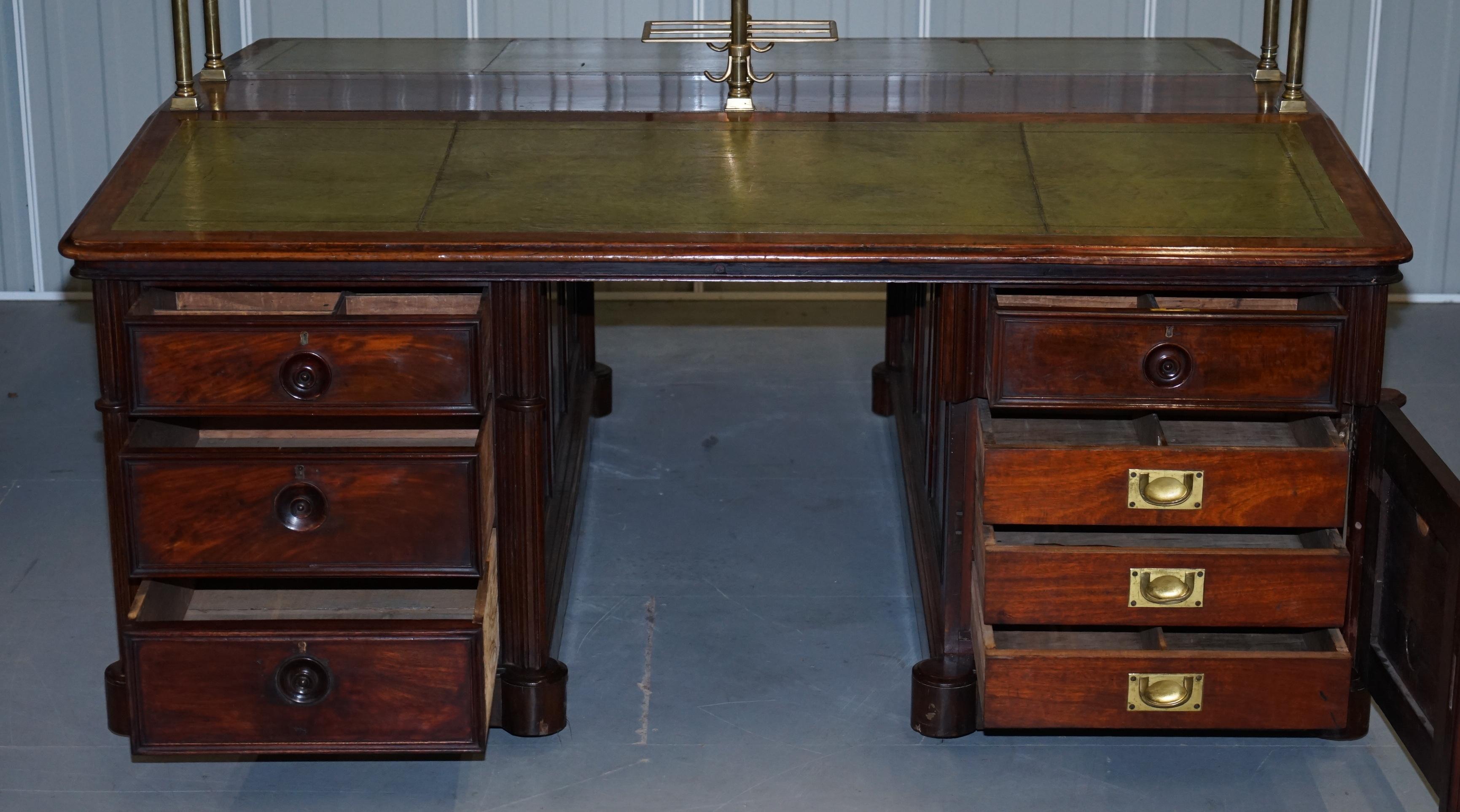 Victorian Double Sided Luxury Honduras Hardwood Brass Green Leather Banking Desk 12