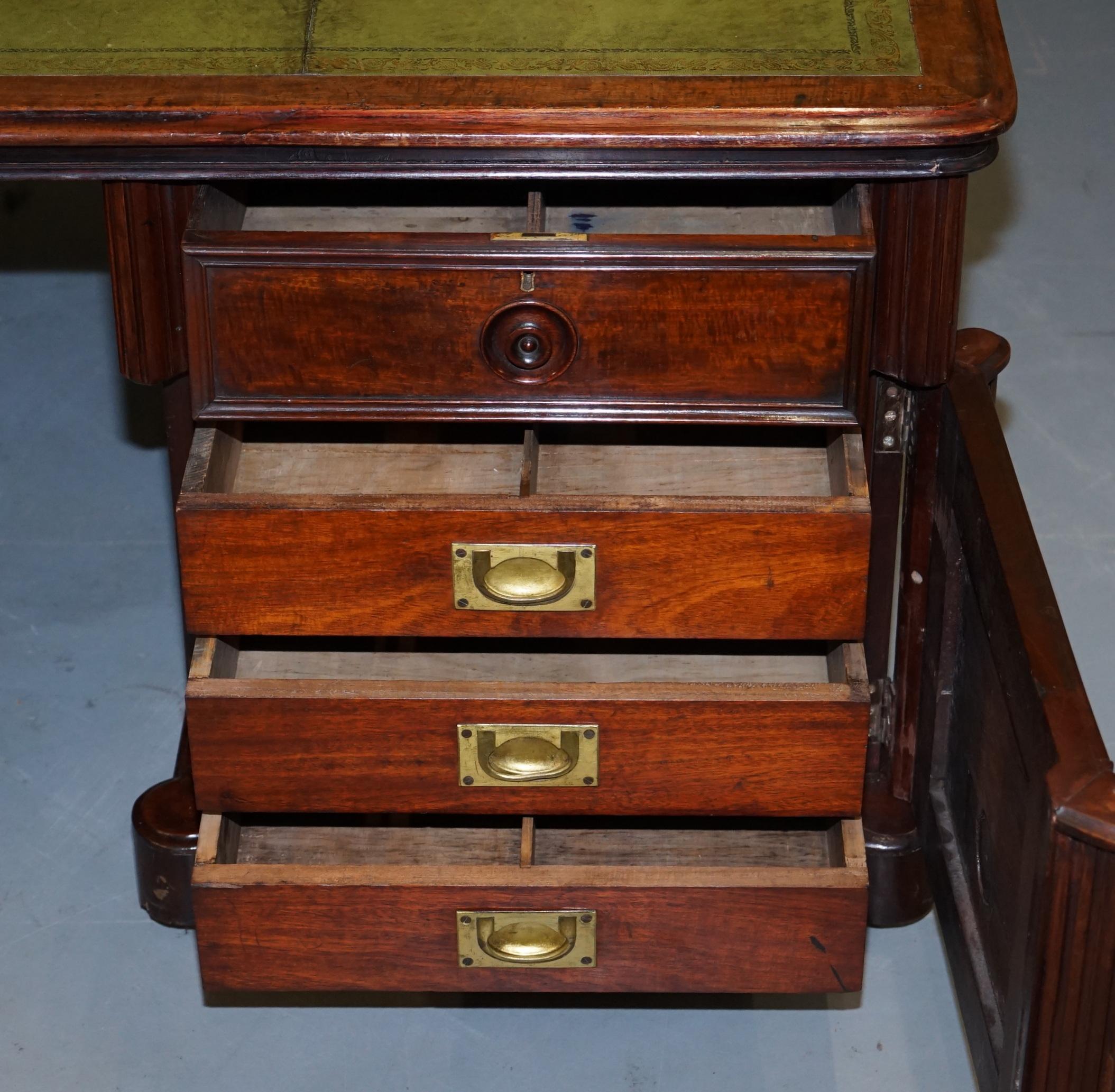 Victorian Double Sided Luxury Honduras Hardwood Brass Green Leather Banking Desk 12