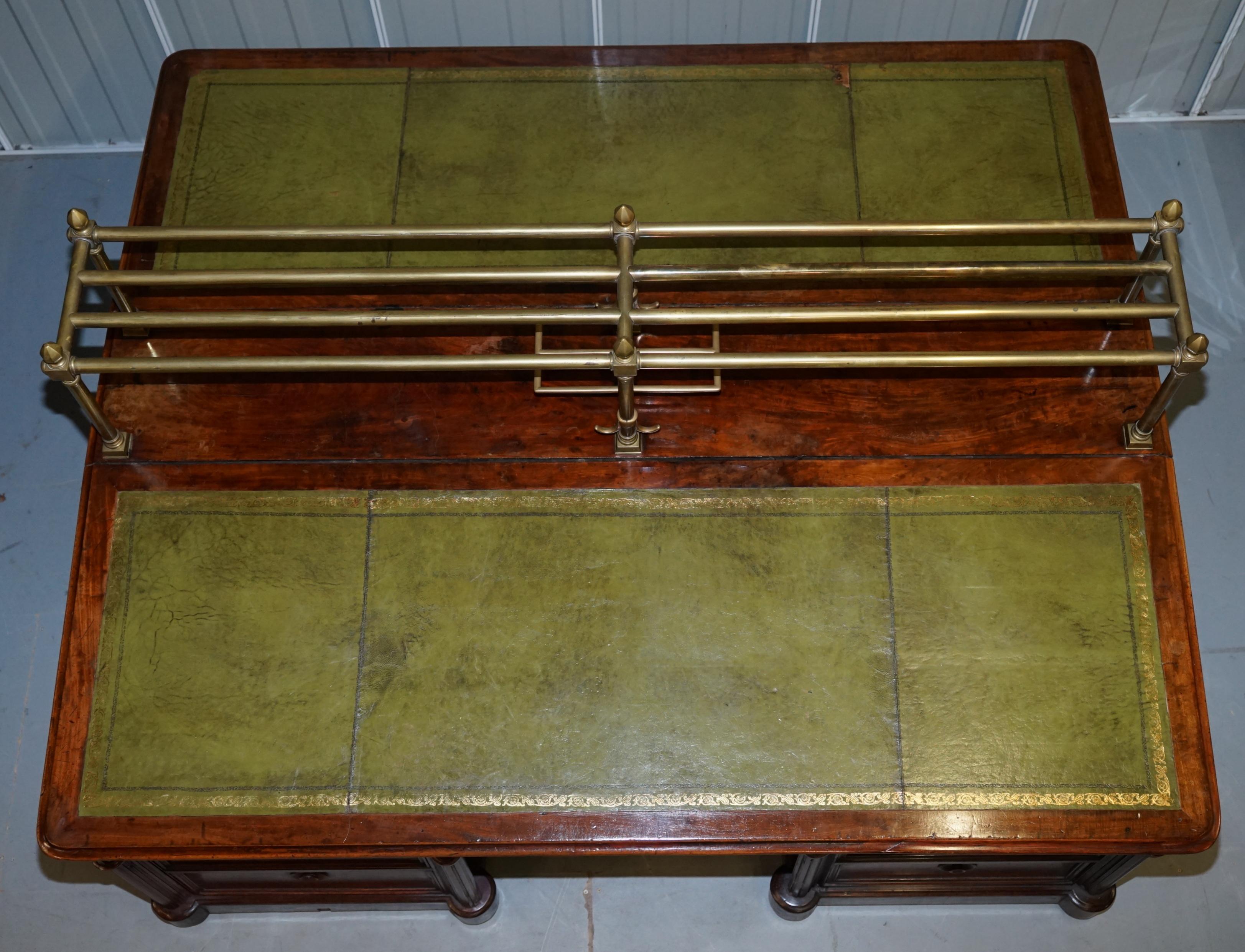 English Victorian Double Sided Luxury Honduras Hardwood Brass Green Leather Banking Desk