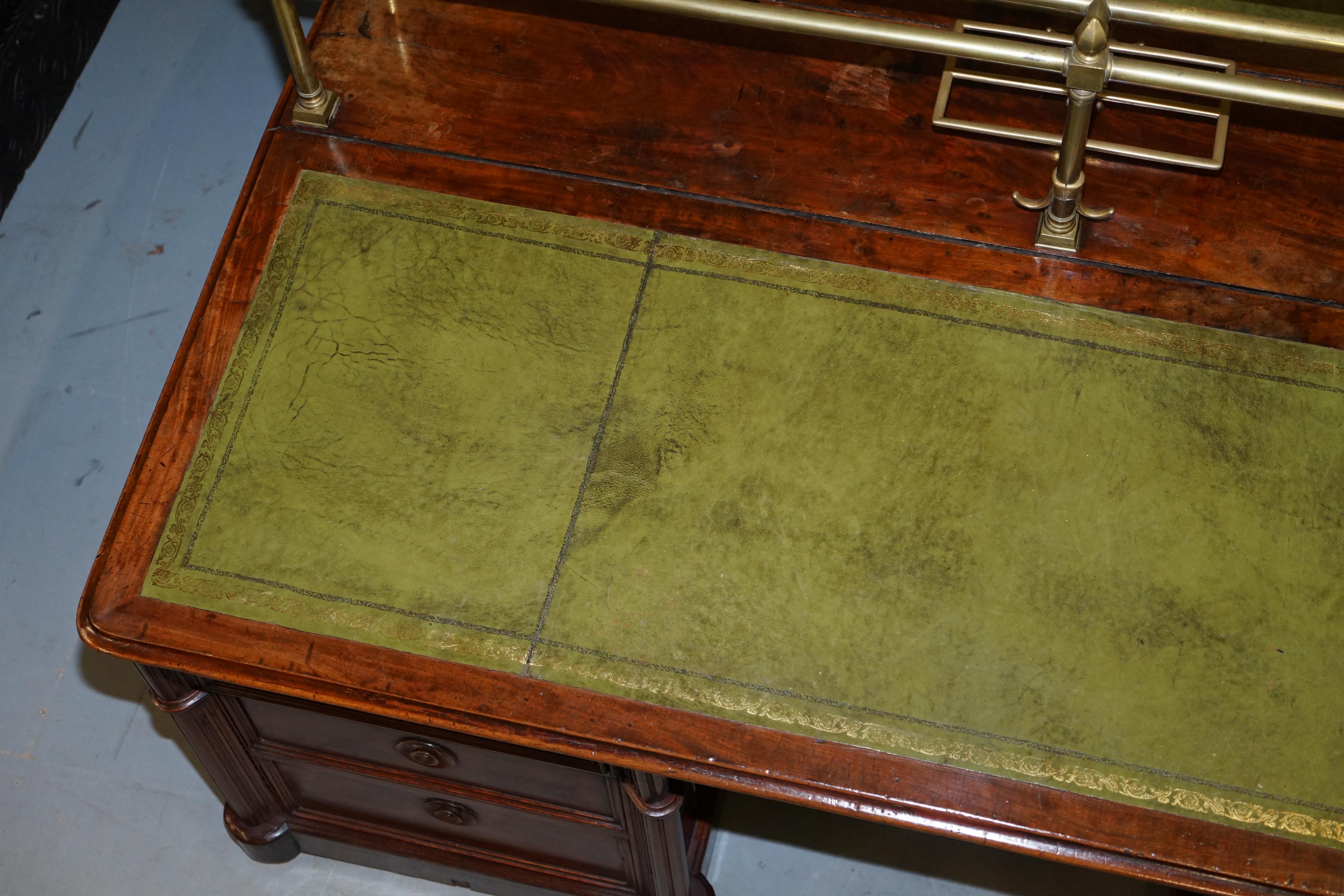 Hand-Crafted Victorian Double Sided Luxury Honduras Hardwood Brass Green Leather Banking Desk