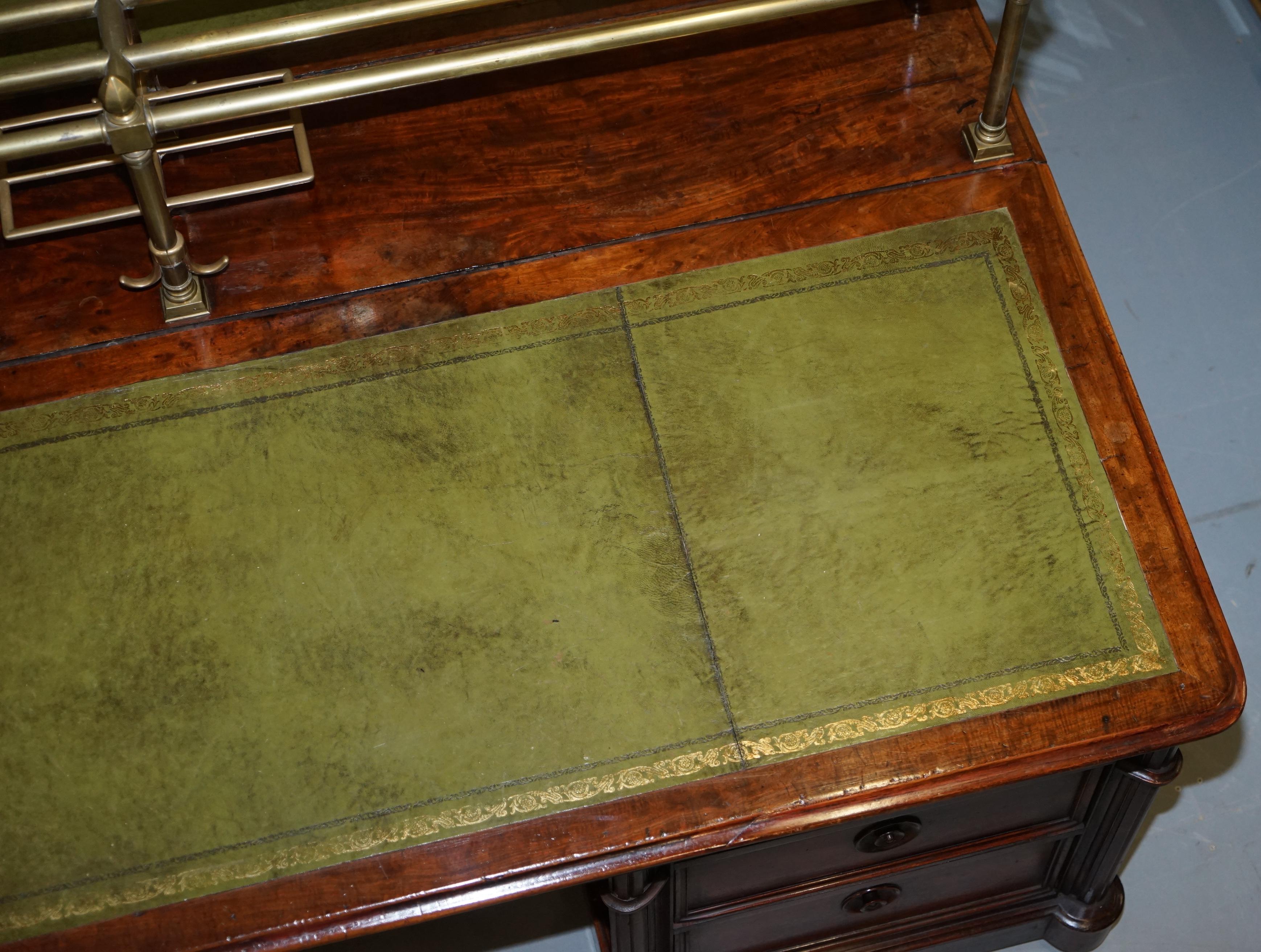 Mid-19th Century Victorian Double Sided Luxury Honduras Hardwood Brass Green Leather Banking Desk