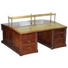 Victorian Double Sided Luxury Honduras Hardwood Brass Green Leather Banking Desk