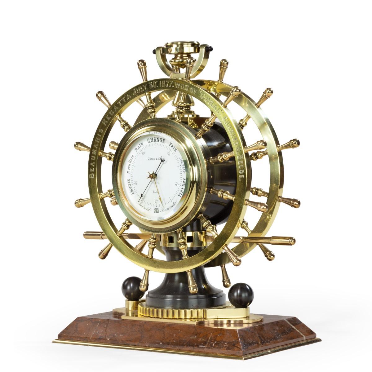 English Victorian Double Steering-Wheel Desk Clock and Barometer Racing Trophy