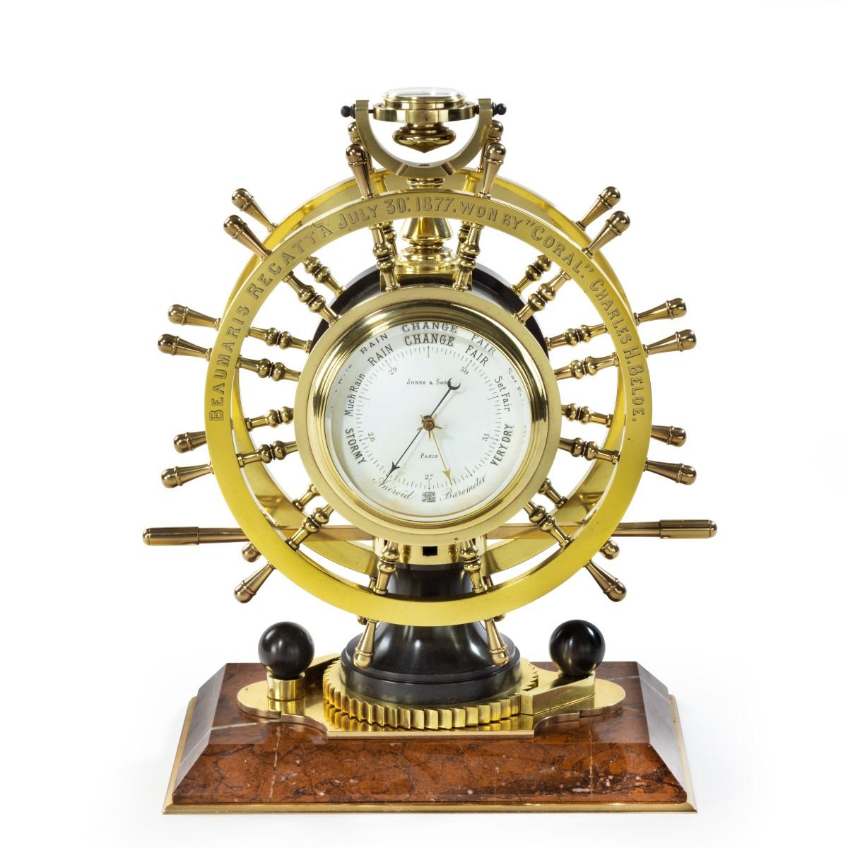 Victorian Double Steering-Wheel Desk Clock and Barometer Racing Trophy In Good Condition In Lymington, Hampshire