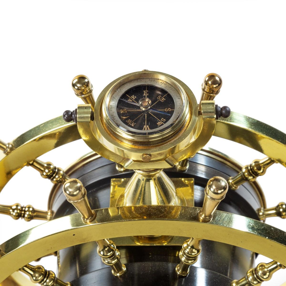Brass Victorian Double Steering-Wheel Desk Clock and Barometer Racing Trophy