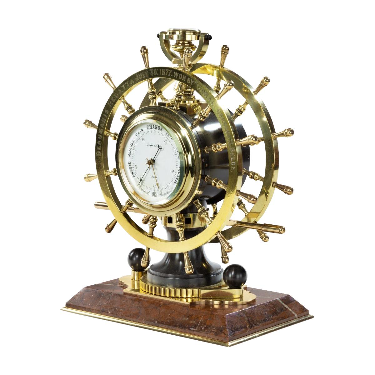 Victorian Double Steering-Wheel Desk Clock and Barometer Racing Trophy