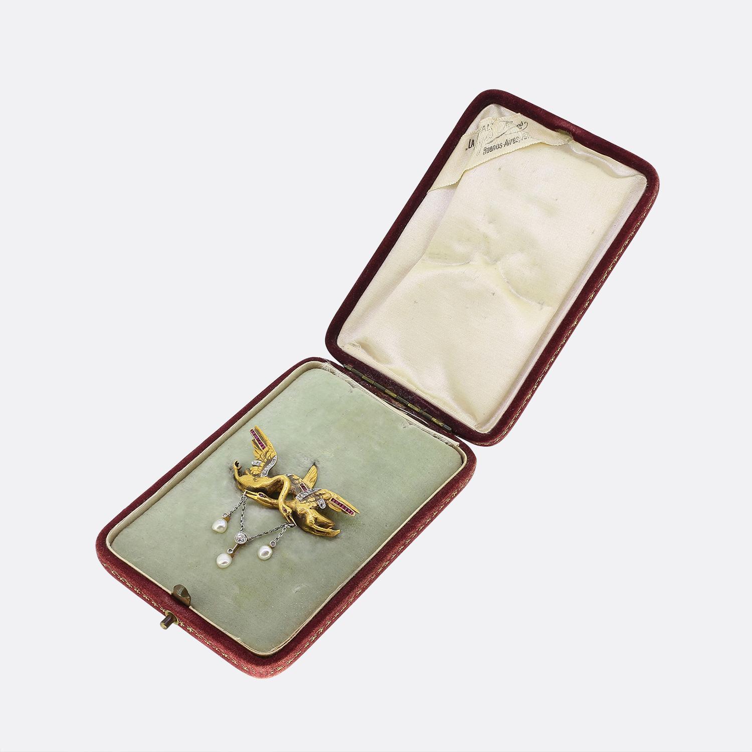 Victorian Double Stork Ruby Pearl and Diamond Brooch In Good Condition For Sale In London, GB