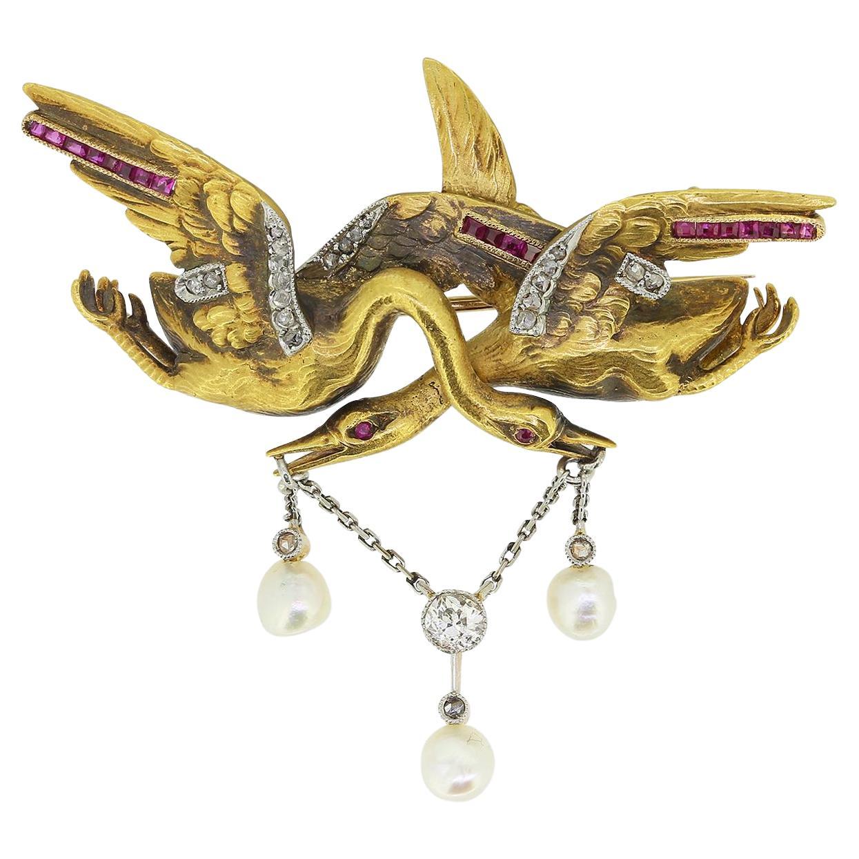 Victorian Double Stork Ruby Pearl and Diamond Brooch For Sale