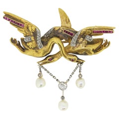 Victorian Double Stork Ruby Pearl and Diamond Brooch