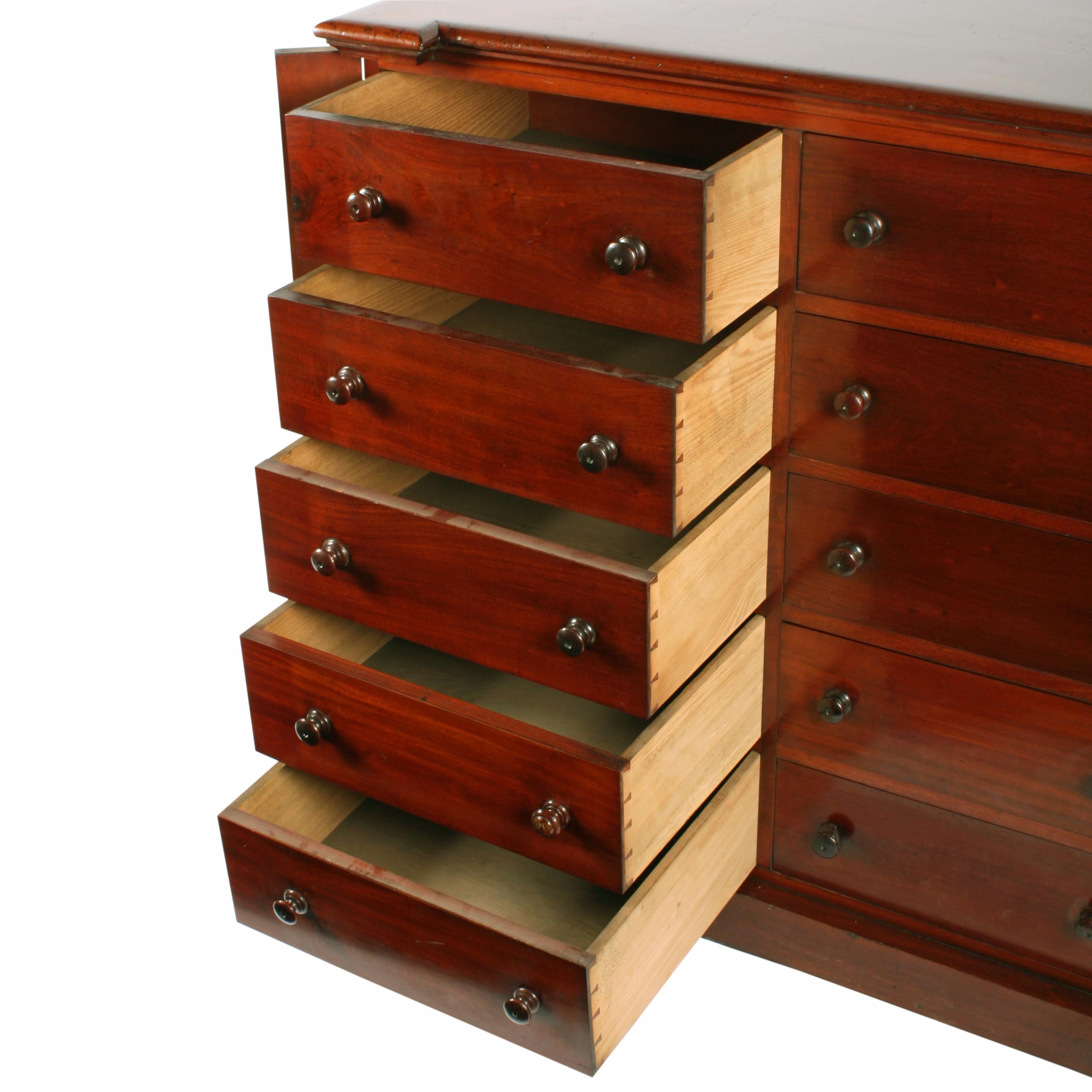 Victorian double Wellington chest.


An unusual Victorian mahogany double Wellington chest.

The chest has a double row of five drawers with mahogany drawer fronts, ashwood linings and turned mahogany knob handles.

The drawers have a locking