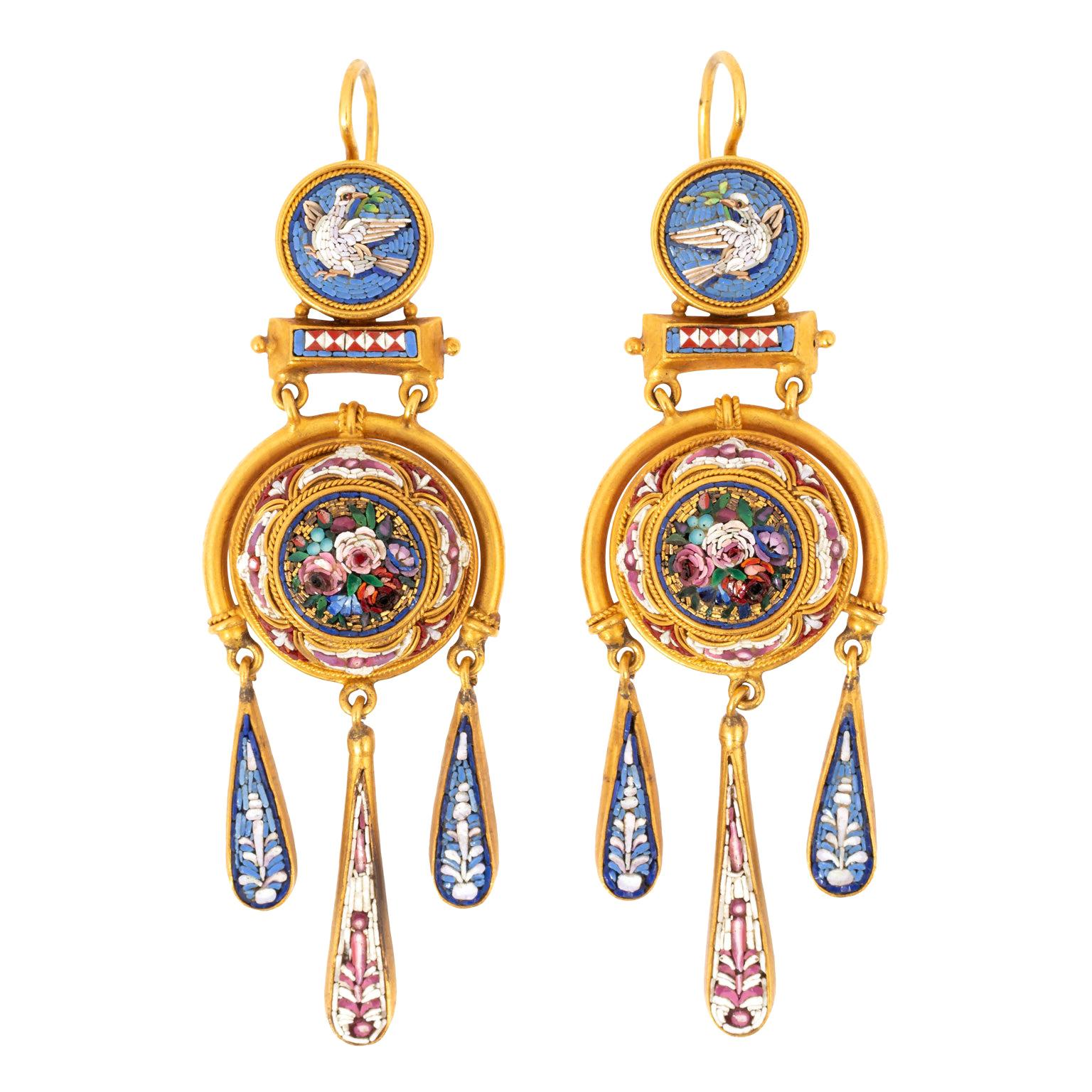 Victorian Dove and Roses Motif Micro Mosaic Earrings 18K Gold from Papal States