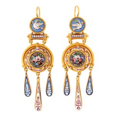 Antique Victorian Dove and Roses Motif Micro Mosaic Earrings 18K Gold from Papal States