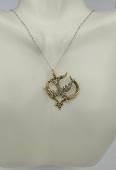 Victorian Dove Bird Swallow Ruby Pearl Peace Pendant Necklace Gold Laurel Wreath