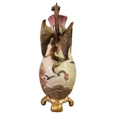 Victorian Dragon Handle Ceramic Vase w/ Hand Painted Corvus by Alfred Stellmache