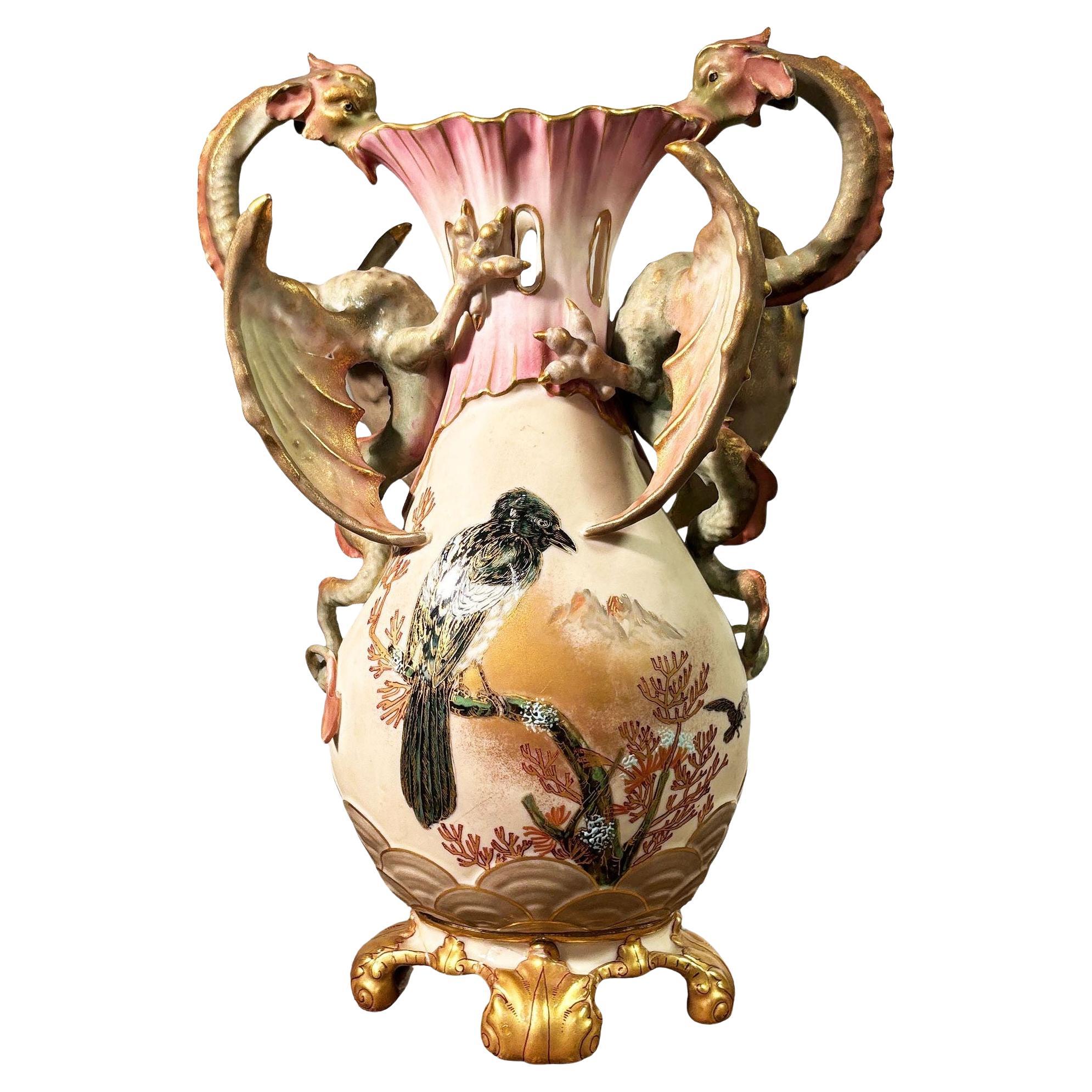 Victorian Dragon Handle Ceramic Vase w/ Hand Painted Corvus by Alfred Stellmache For Sale
