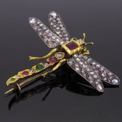 Victorian Dragonfly Diamond Ruby Emerald Brooch Gold and Silver