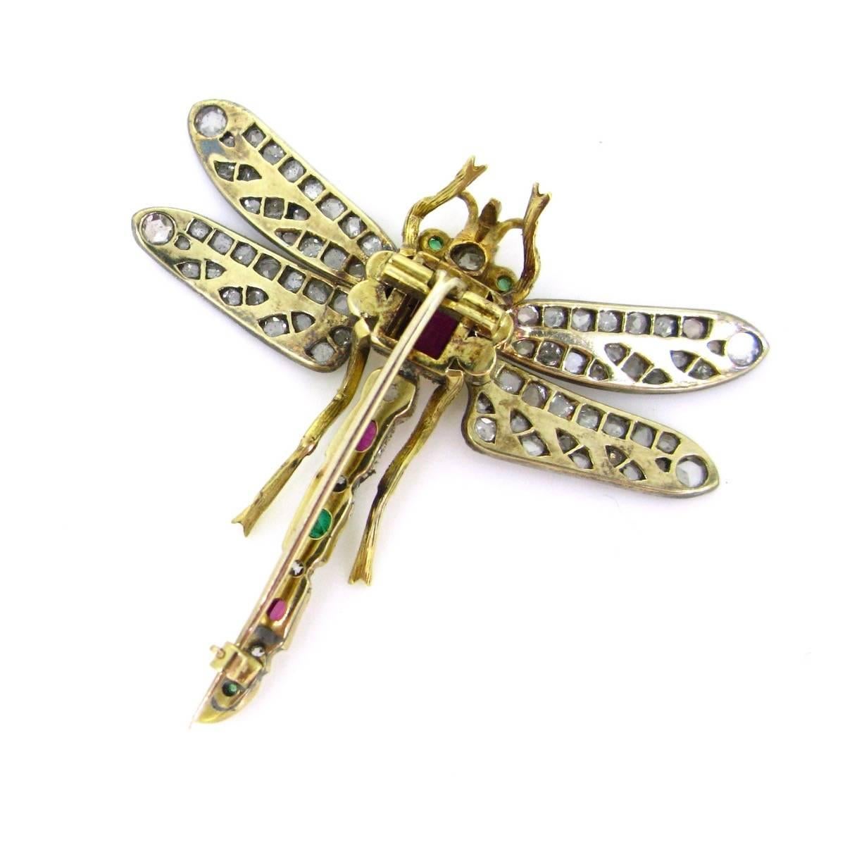 Late Victorian Victorian Dragonfly Diamond Ruby Emerald Brooch Gold and Silver 