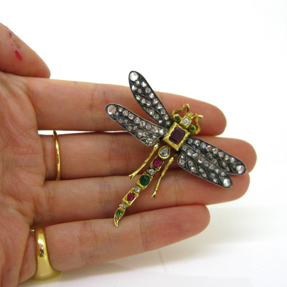 Women's or Men's Victorian Dragonfly Diamond Ruby Emerald Brooch Gold and Silver 