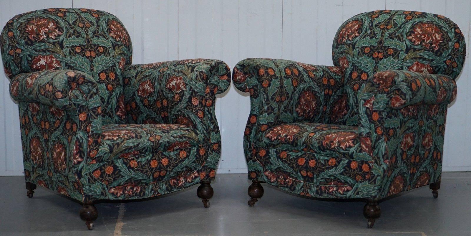 Victorian Drop Arm Club Sofa in William Morris Upholstery Fabric Part of a Suite 3