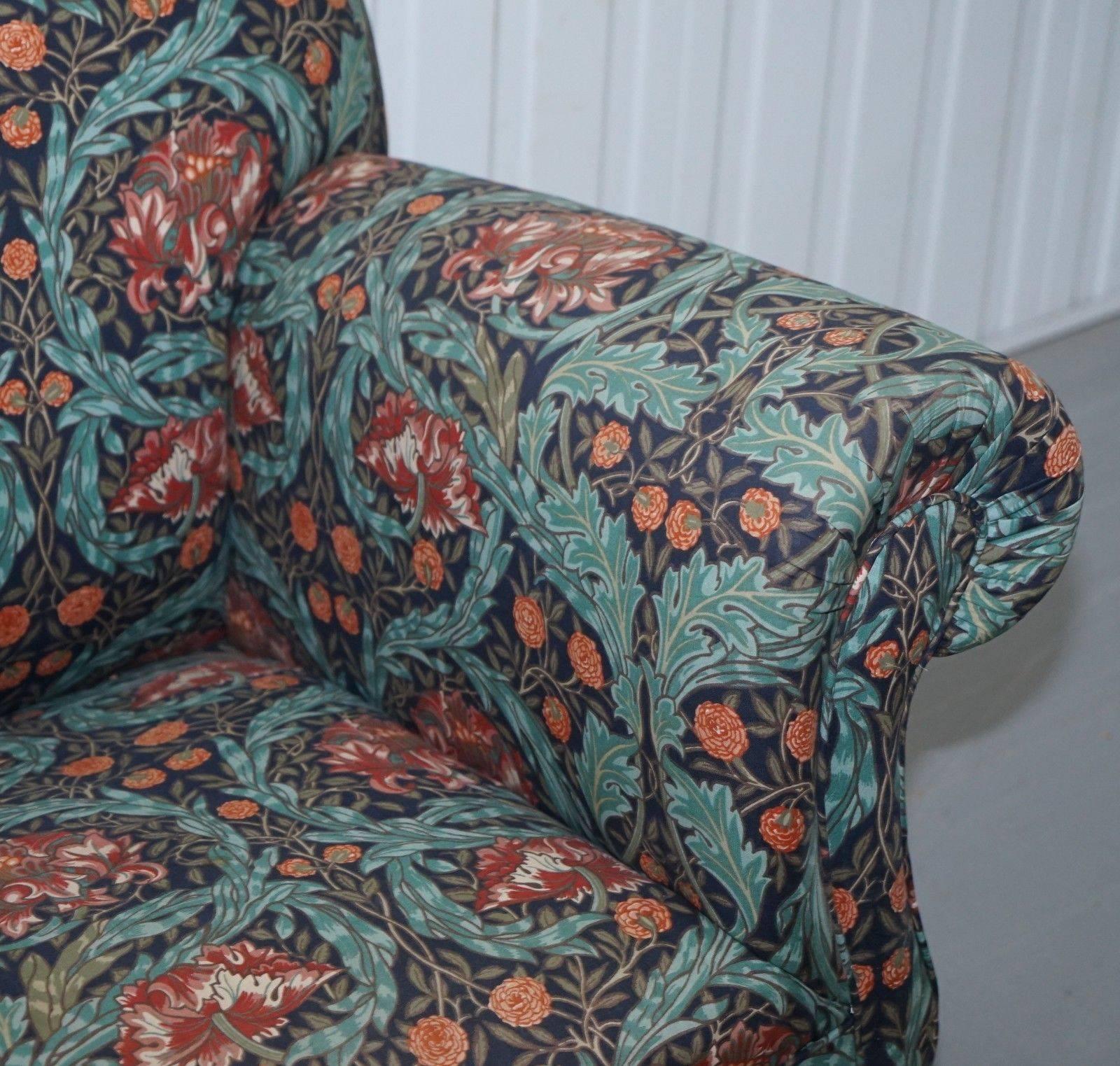 British Victorian Drop Arm Club Sofa in William Morris Upholstery Fabric Part of a Suite