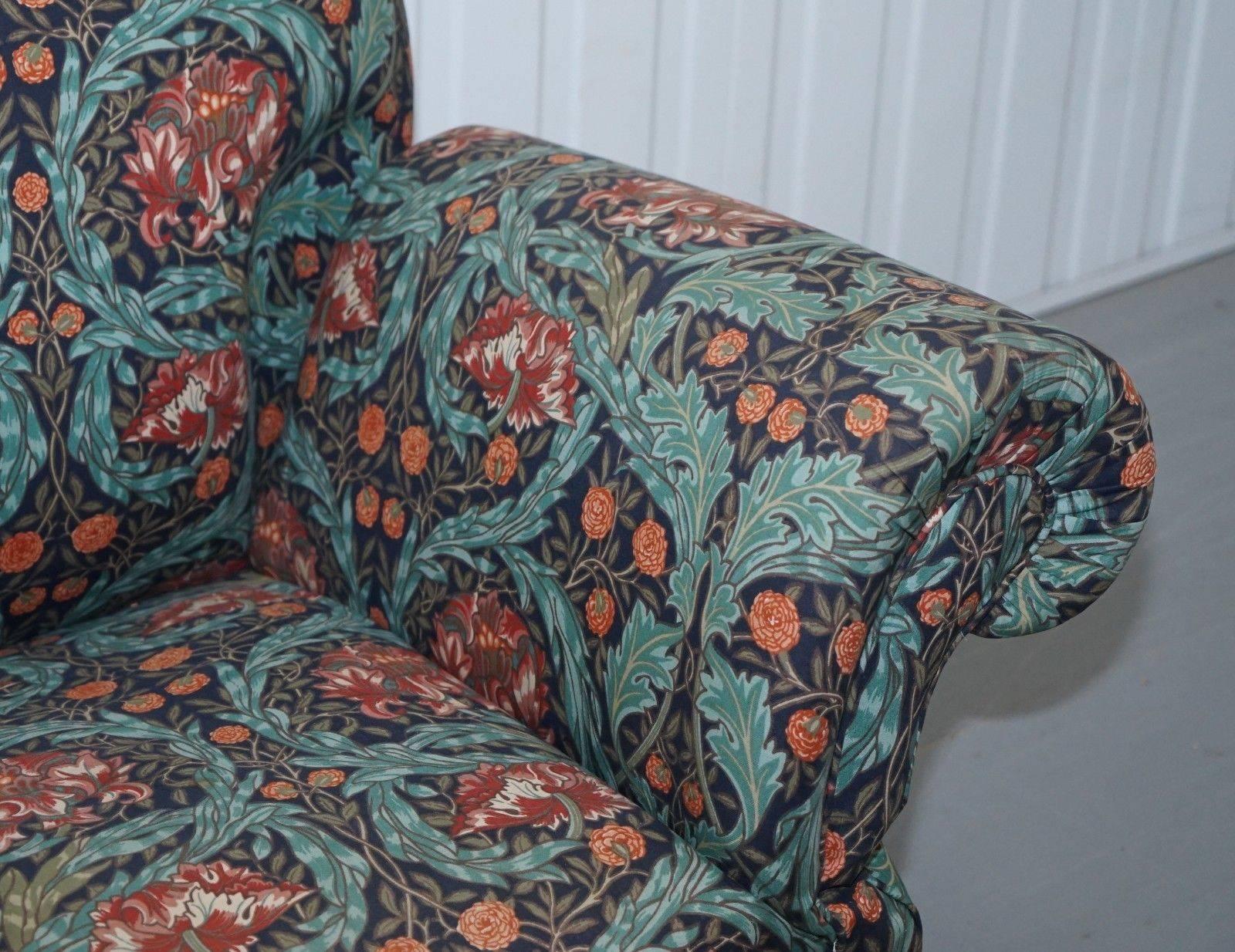 Hand-Crafted Victorian Drop Arm Club Sofa in William Morris Upholstery Fabric Part of a Suite