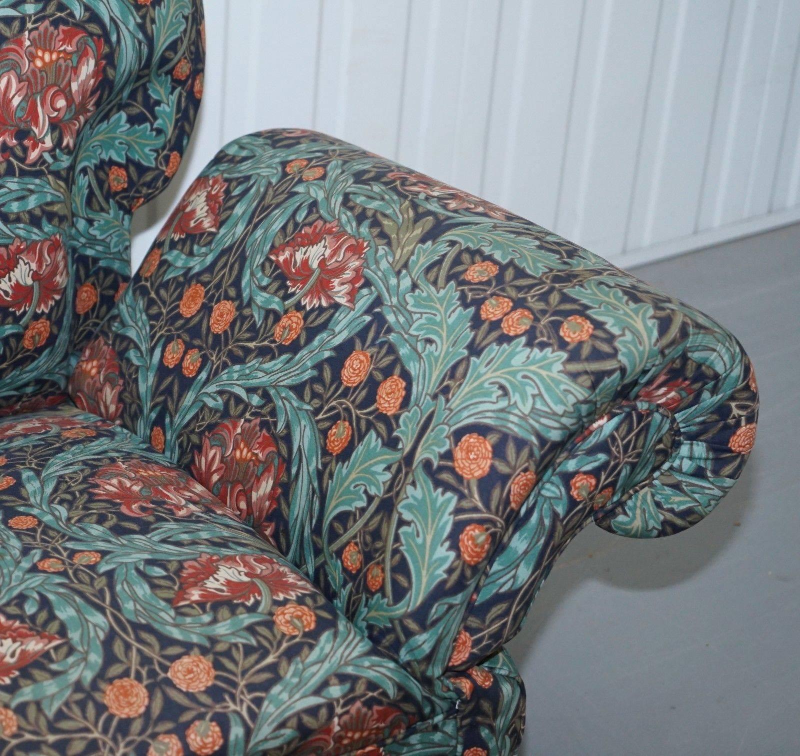 19th Century Victorian Drop Arm Club Sofa in William Morris Upholstery Fabric Part of a Suite