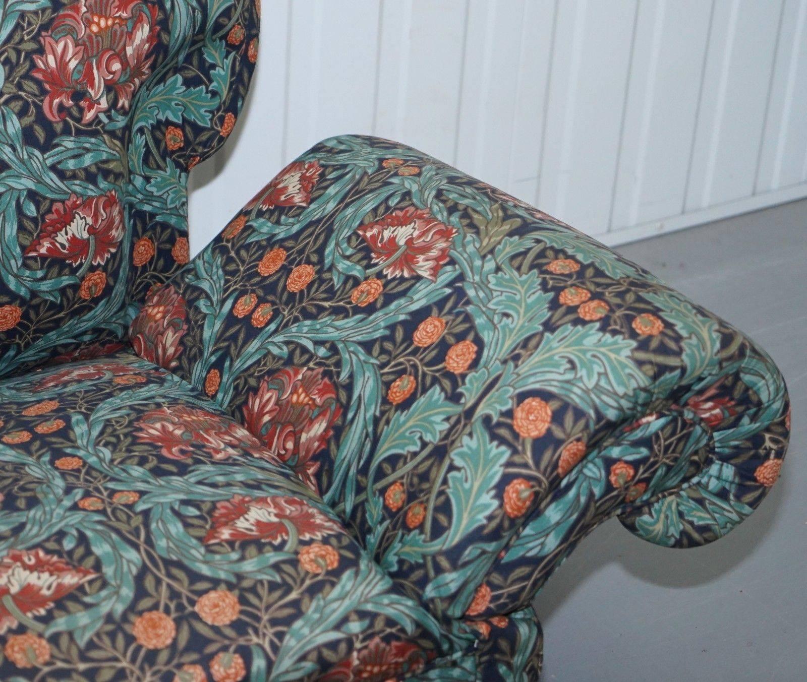 19th Century Victorian Drop Arm Club Sofa in William Morris Upholstery Fabric Part of a Suite