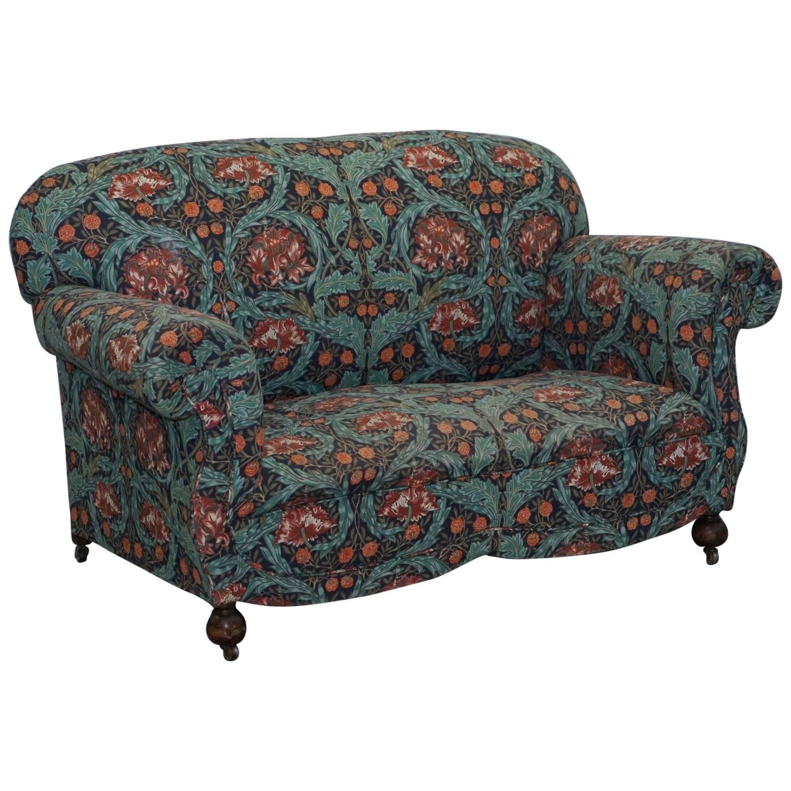 Victorian Drop Arm Club Sofa in William Morris Upholstery Fabric Part of a Suite