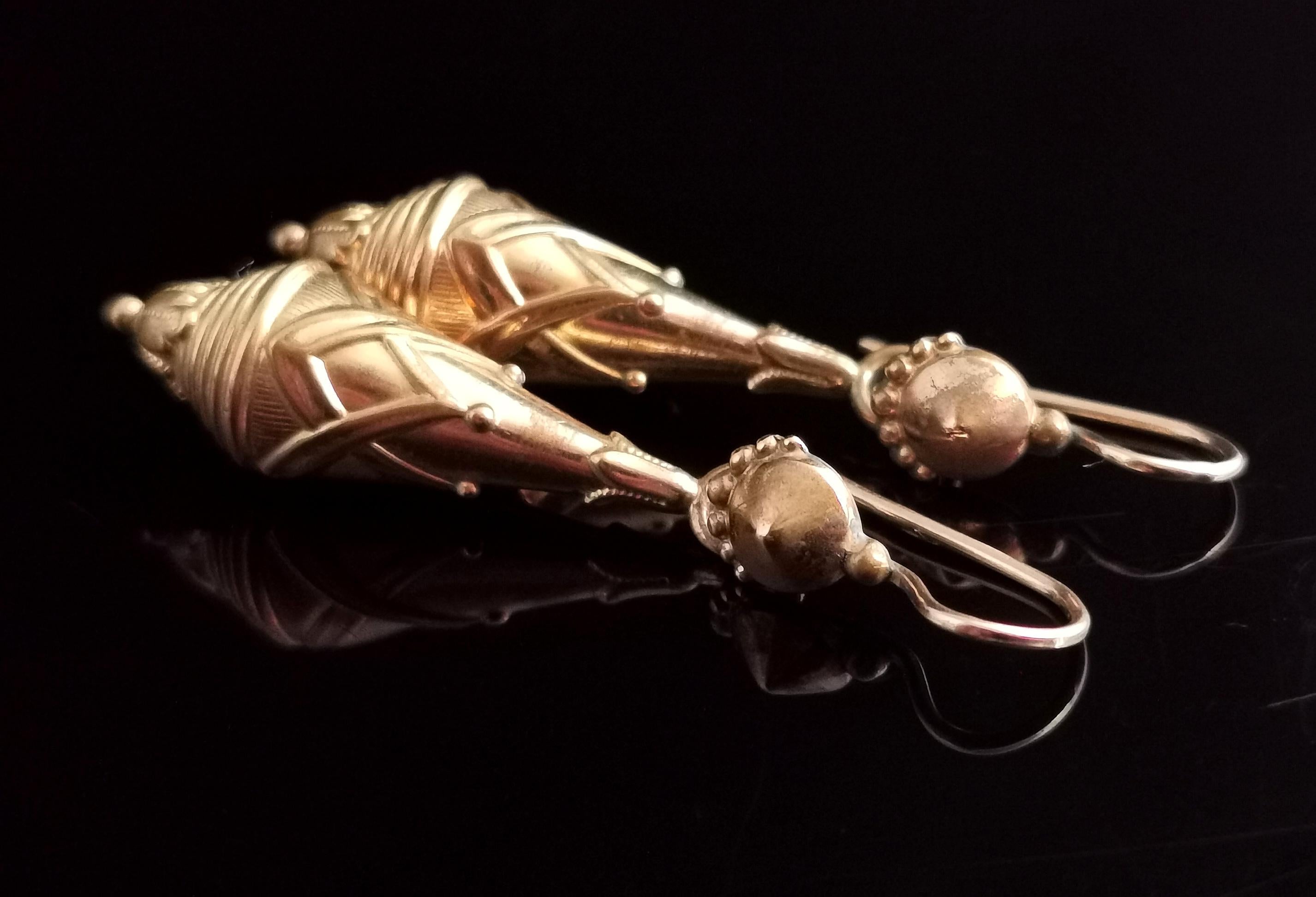 Victorian Drop Earrings, Etruscan Revival, Gold Plated 6