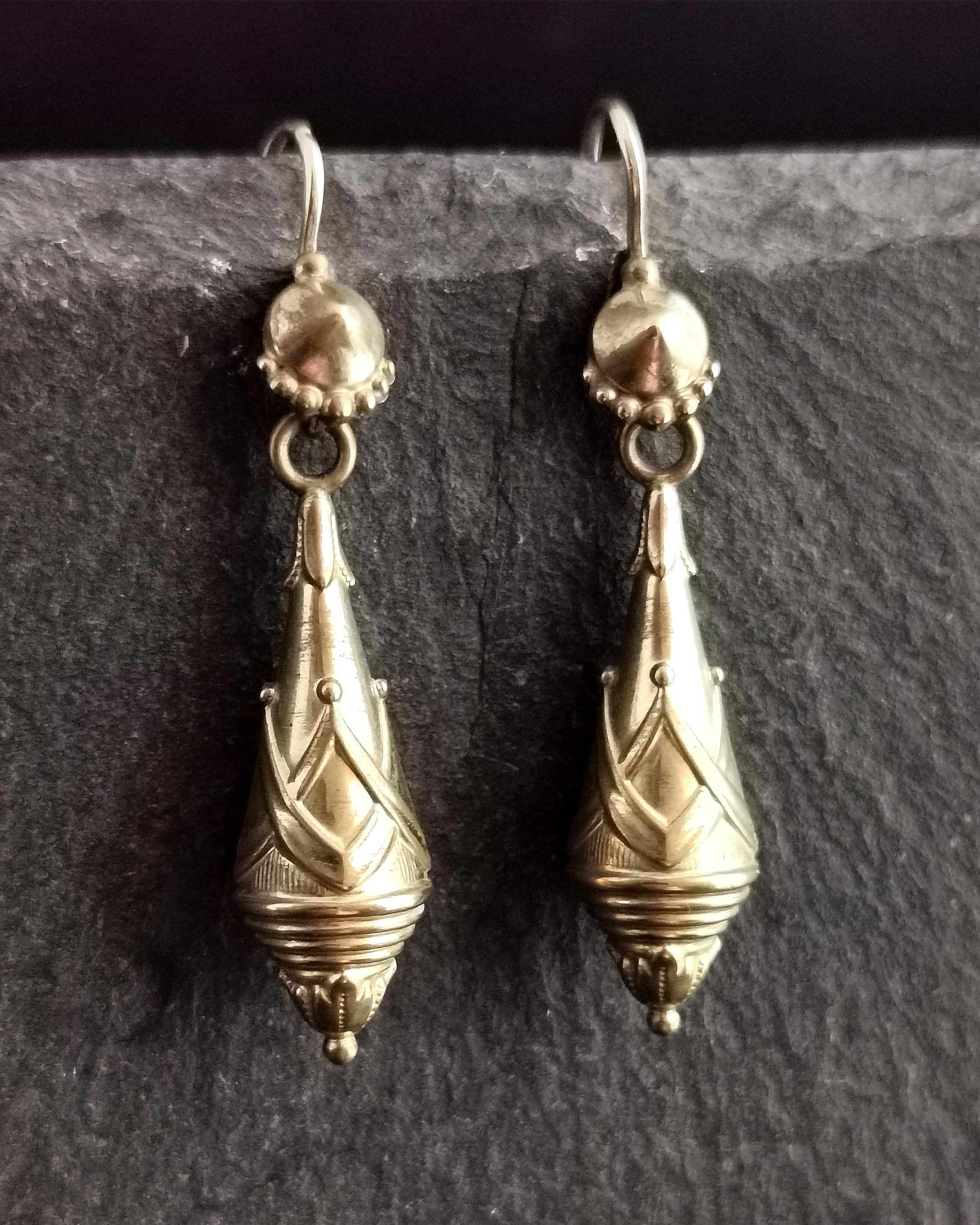 Victorian Drop Earrings, Etruscan Revival, Gold Plated 7