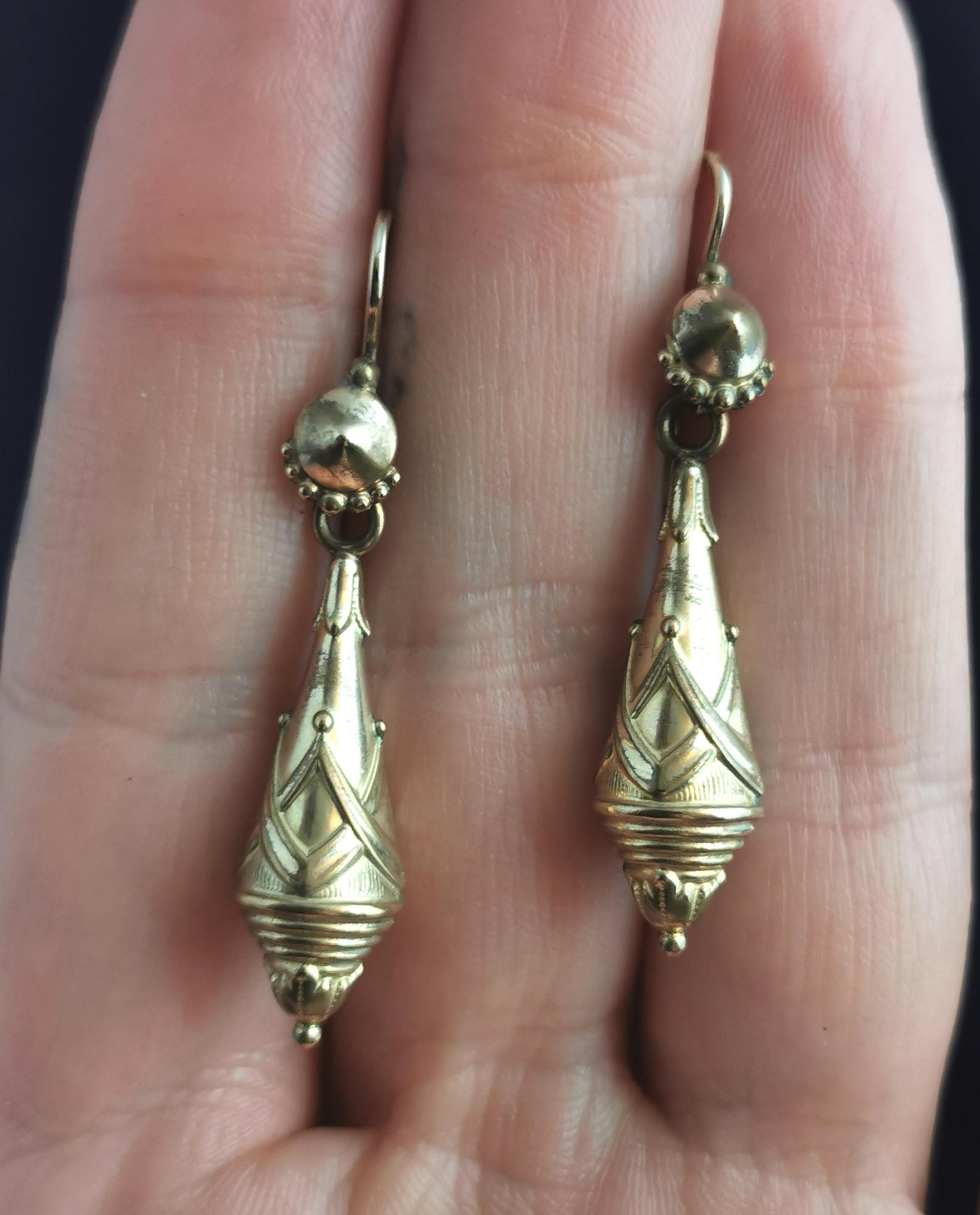 Victorian Drop Earrings, Etruscan Revival, Gold Plated 9