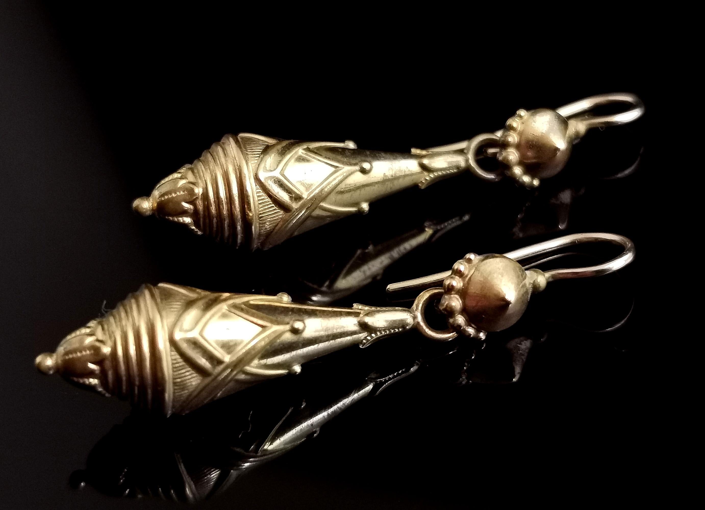Victorian Drop Earrings, Etruscan Revival, Gold Plated 12
