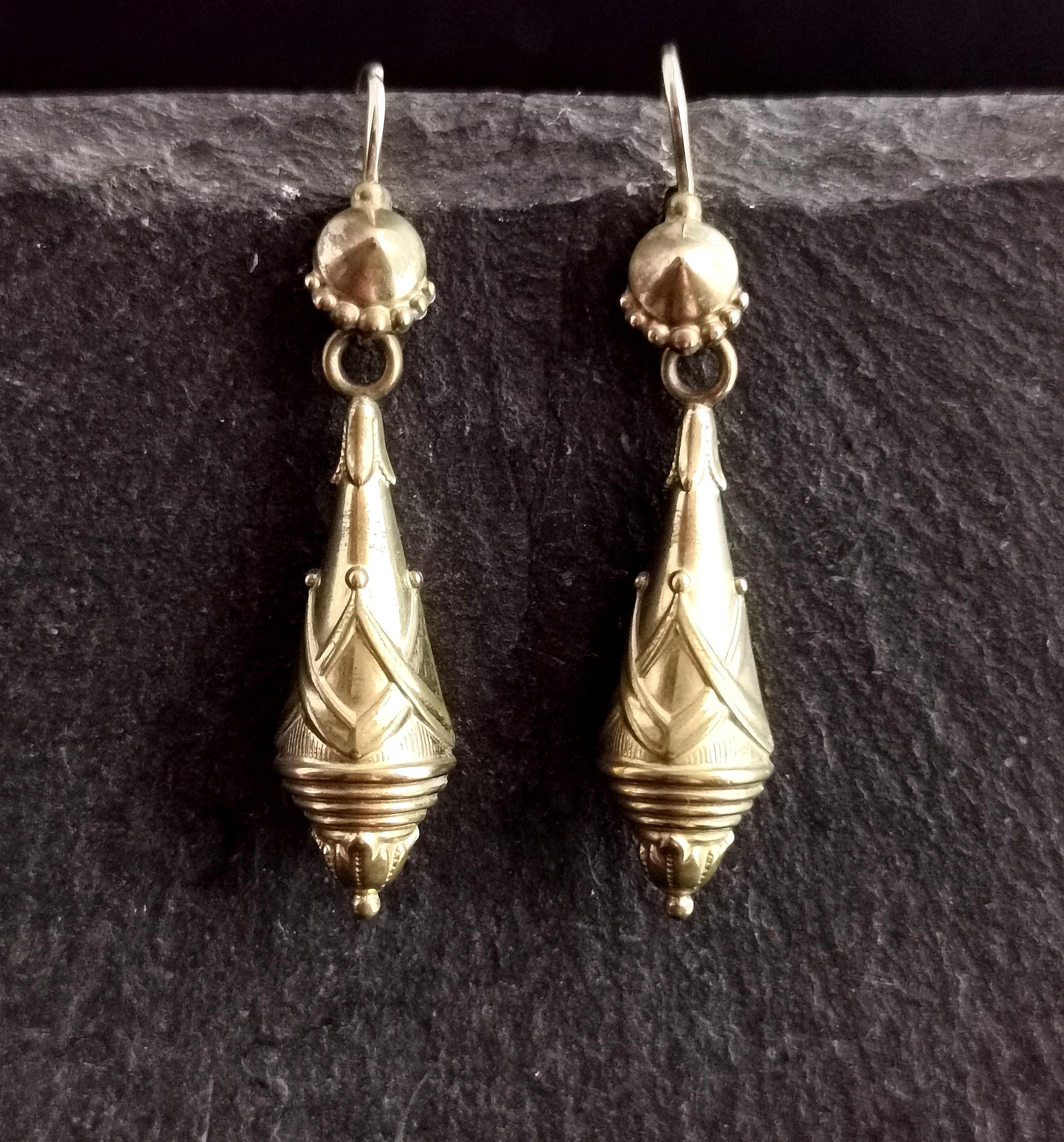Victorian Drop Earrings, Etruscan Revival, Gold Plated In Fair Condition In NEWARK, GB