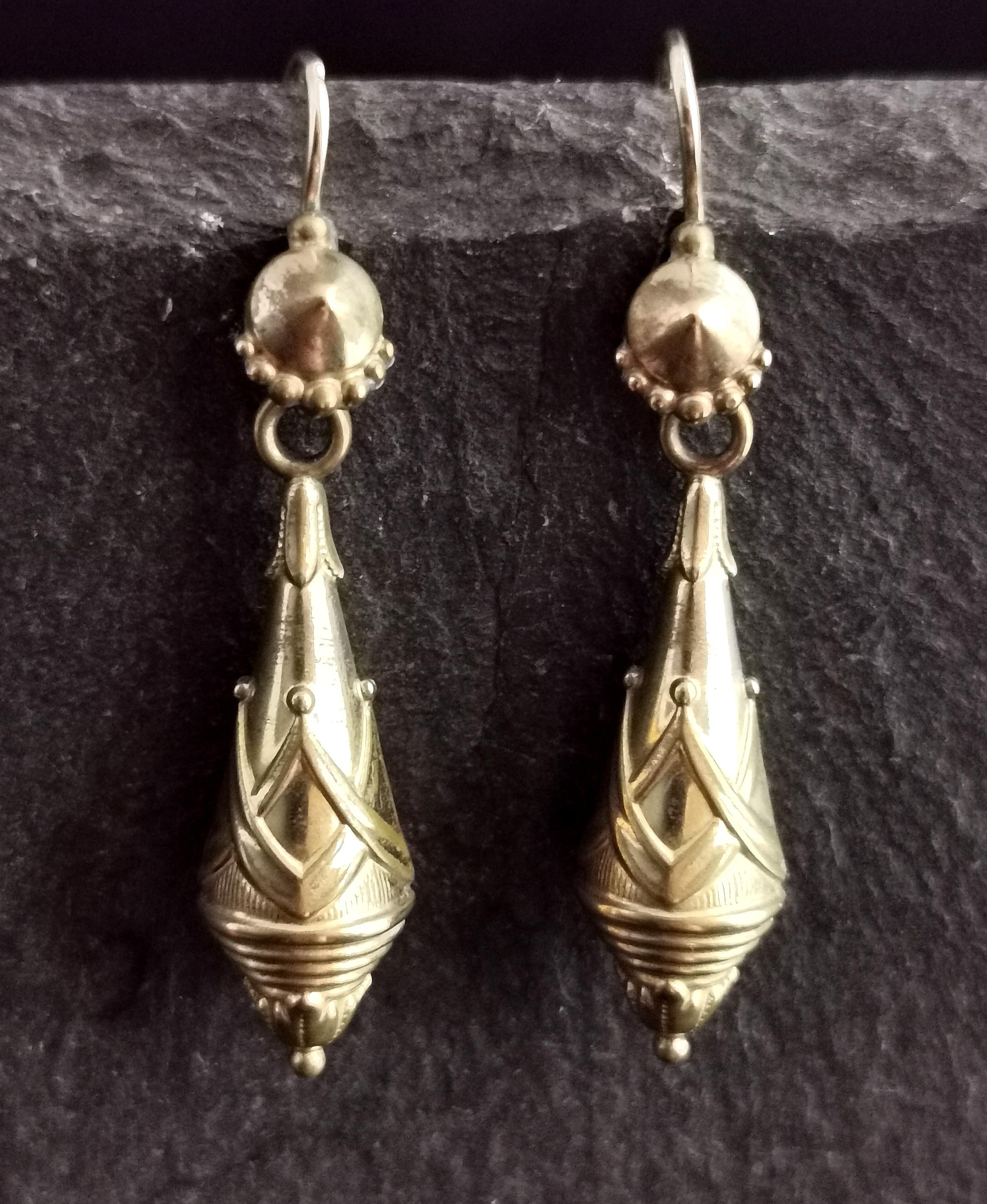 Victorian Drop Earrings, Etruscan Revival, Gold Plated 2