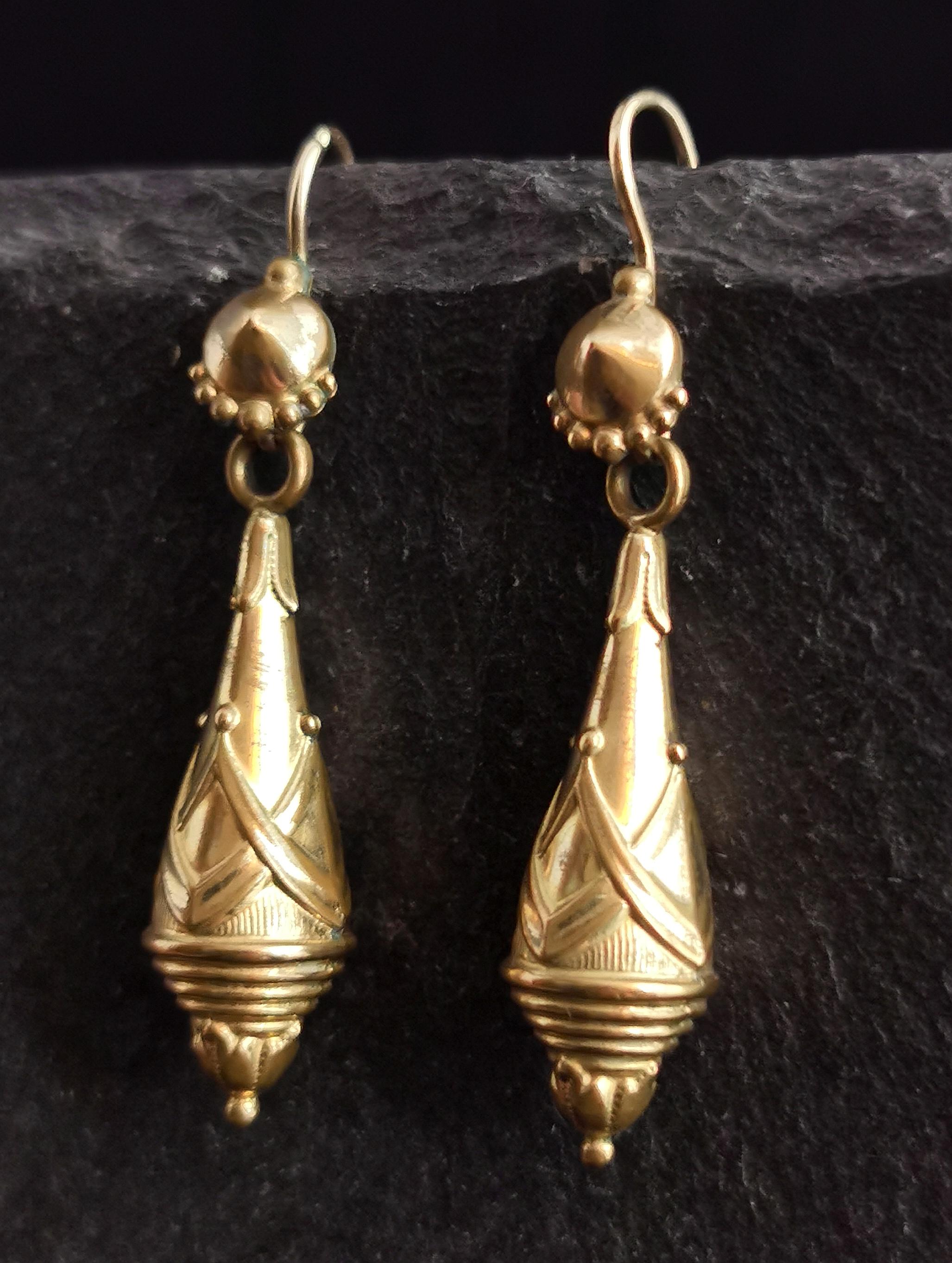 Victorian Drop Earrings, Etruscan Revival, Gold Plated 5