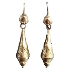 Antique Victorian Drop Earrings, Etruscan Revival, Gold Plated