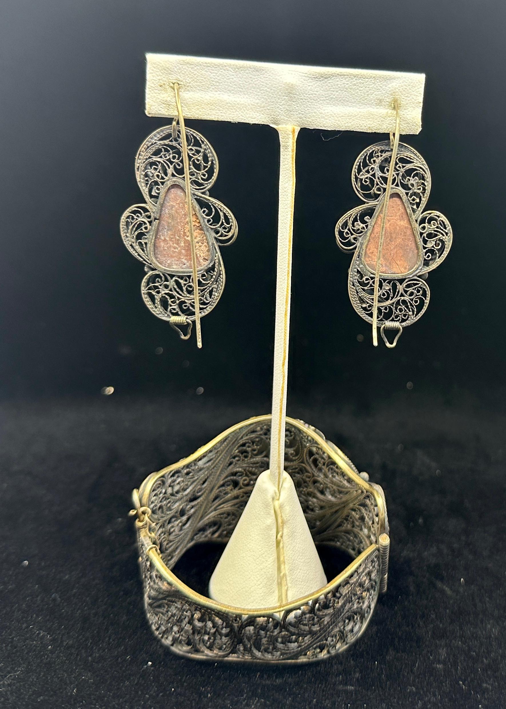 Victorian Druzy Amethyst Silber Armband und 2,25 Zoll Ohrringe Filigran Antik im Angebot 4