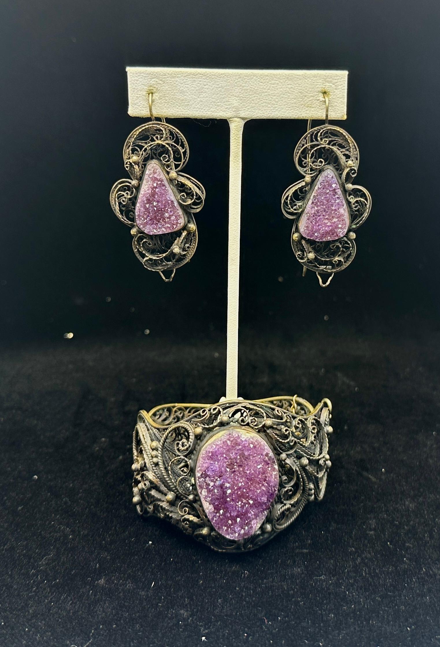 Victorian Druzy Amethyst Silber Armband und 2,25 Zoll Ohrringe Filigran Antik (Viktorianisch) im Angebot