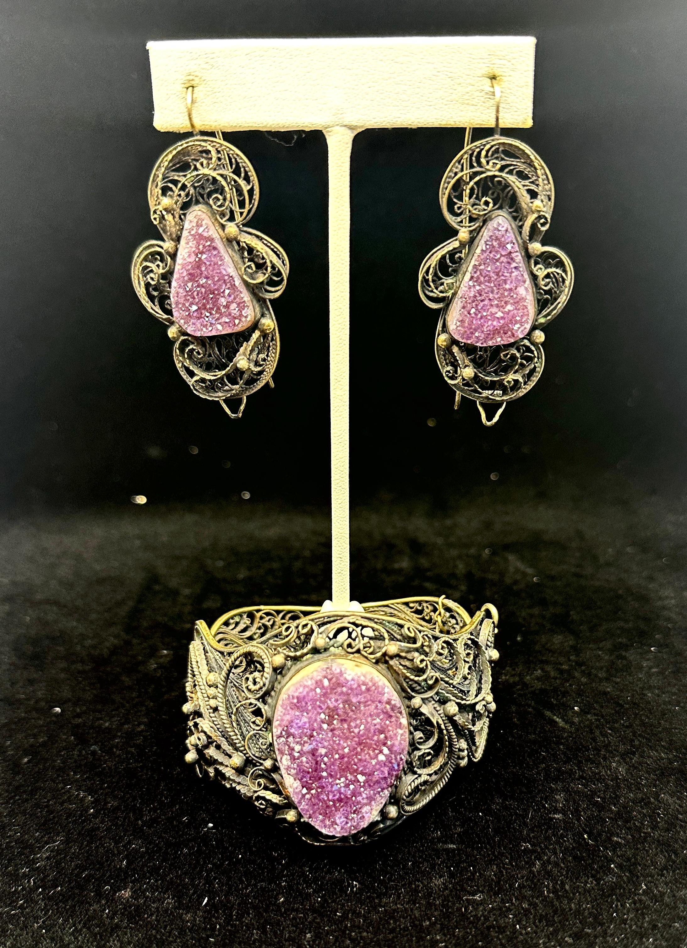 Victorian Druzy Amethyst Silber Armband und 2,25 Zoll Ohrringe Filigran Antik (Gemischter Schliff) im Angebot