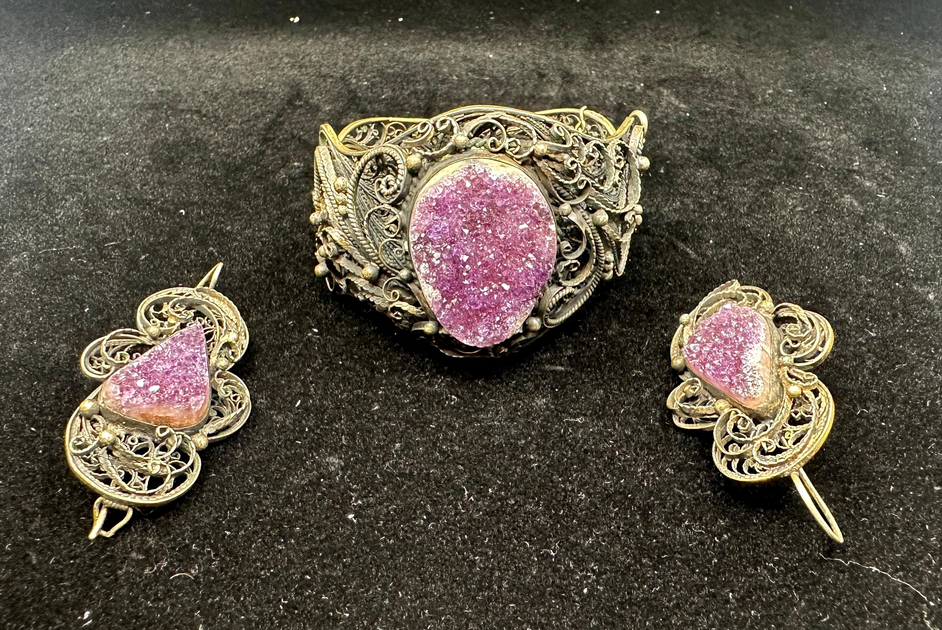 Victorian Druzy Amethyst Silber Armband und 2,25 Zoll Ohrringe Filigran Antik im Zustand „Hervorragend“ im Angebot in New York, NY