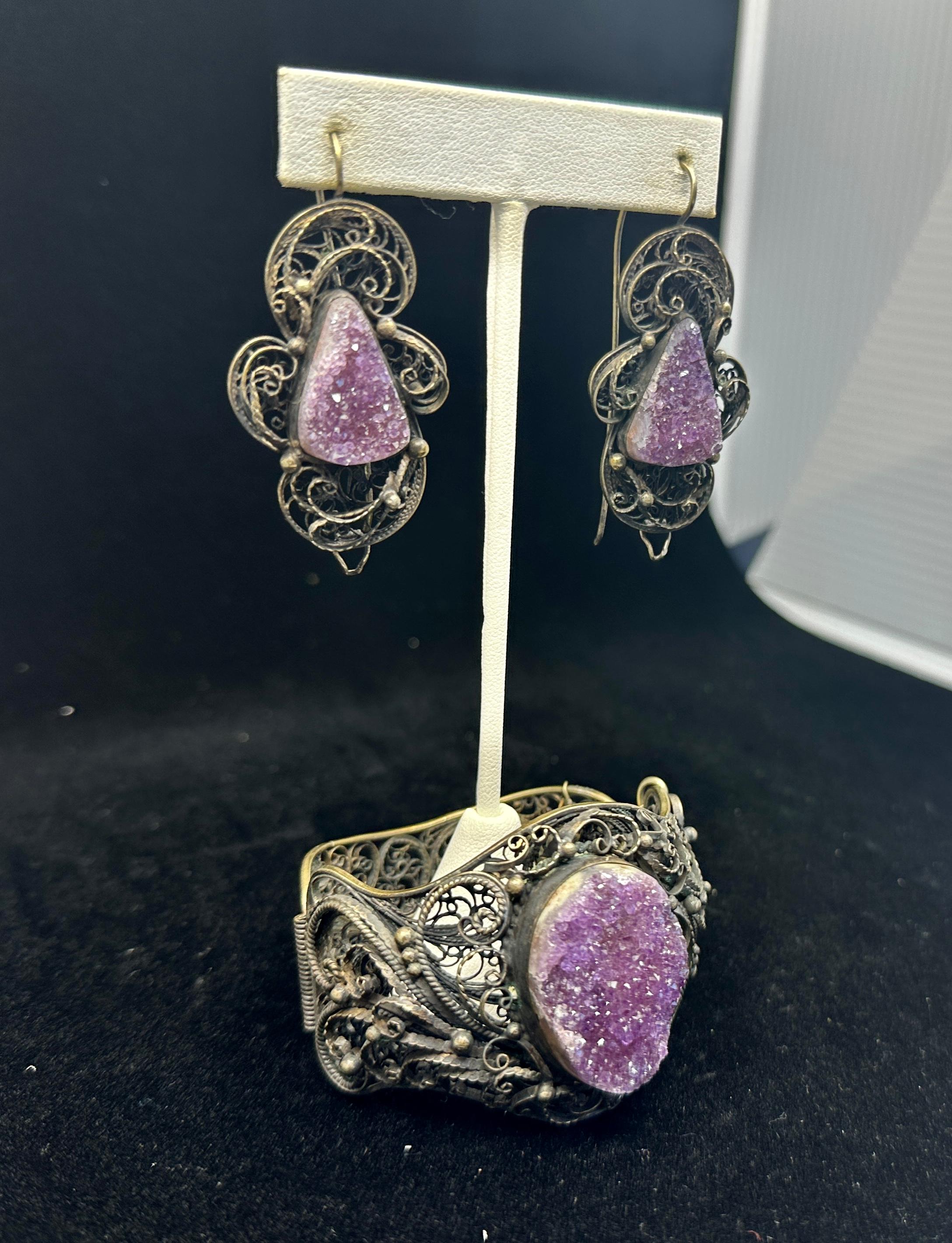 Victorian Druzy Amethyst Silber Armband und 2,25 Zoll Ohrringe Filigran Antik Damen im Angebot