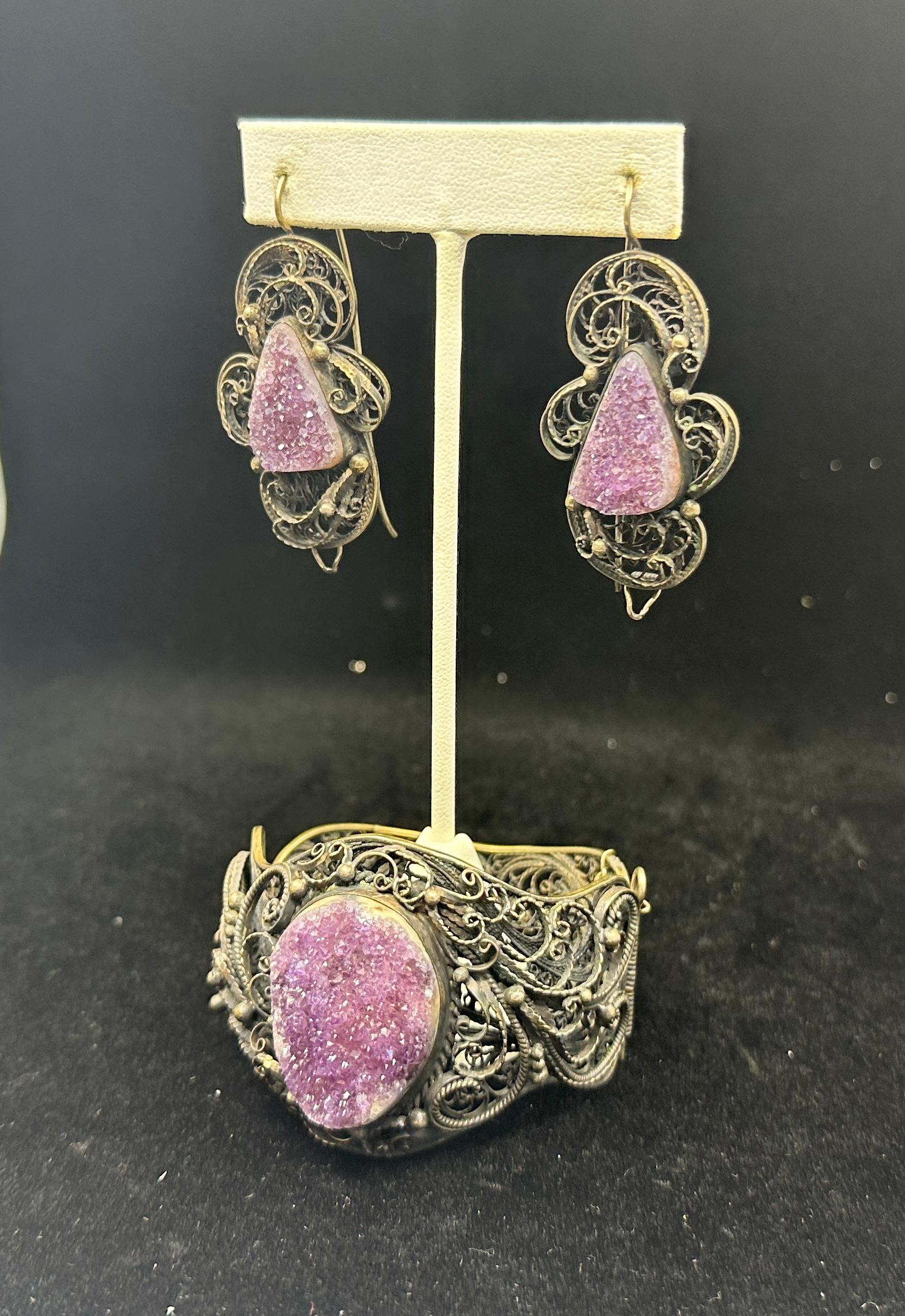 Victorian Druzy Amethyst Silber Armband und 2,25 Zoll Ohrringe Filigran Antik im Angebot 1
