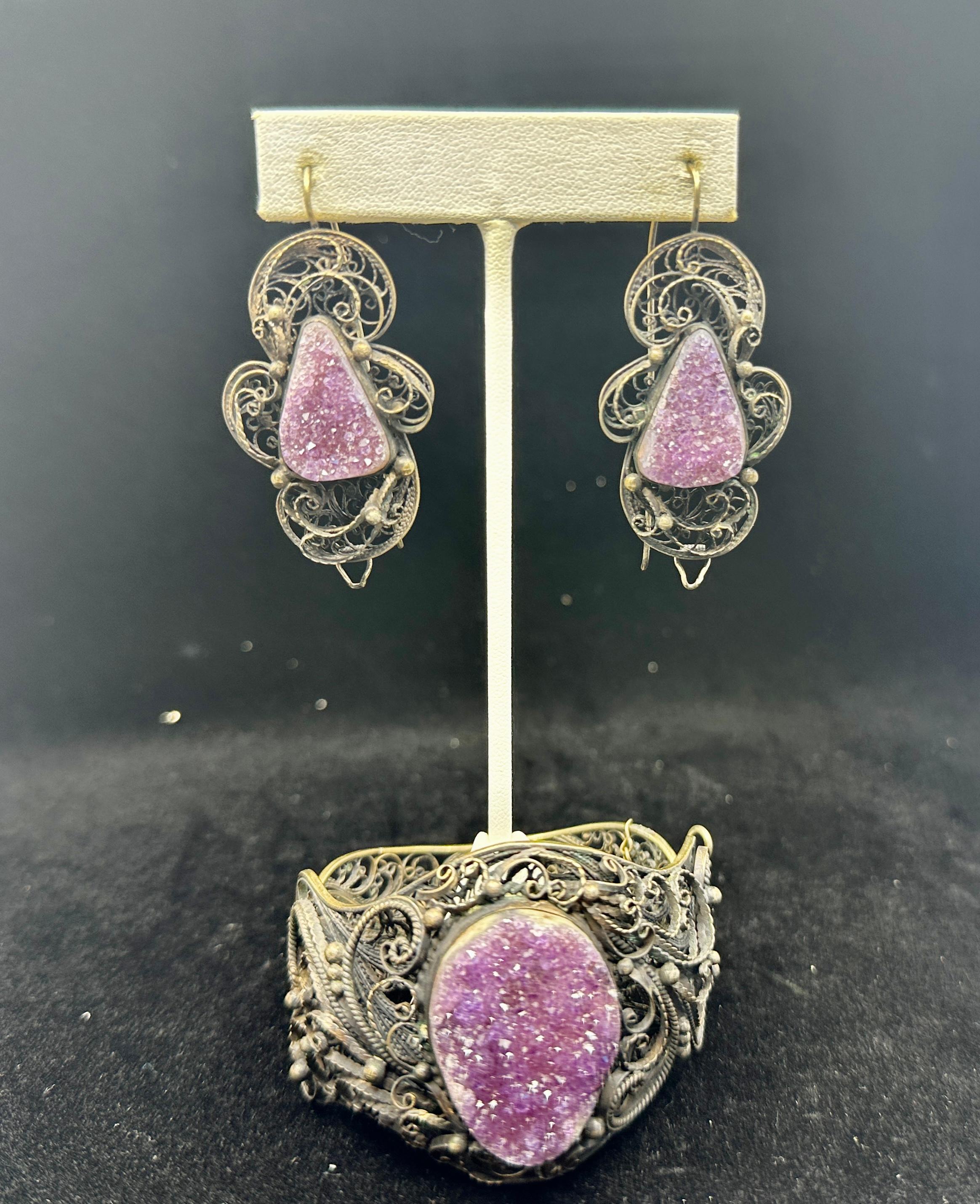 Victorian Druzy Amethyst Silber Armband und 2,25 Zoll Ohrringe Filigran Antik im Angebot 2