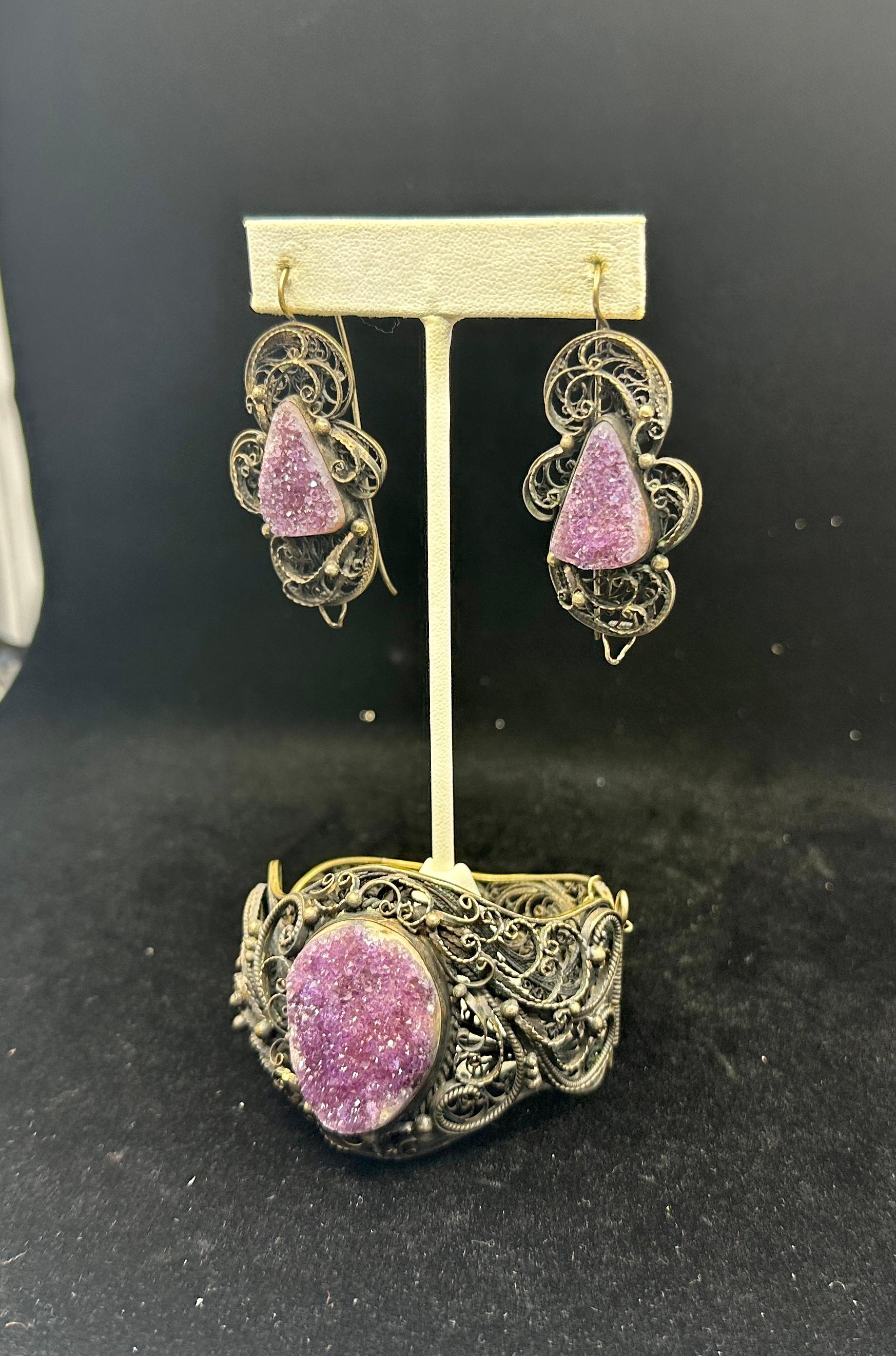 Victorian Druzy Amethyst Silber Armband und 2,25 Zoll Ohrringe Filigran Antik im Angebot 3