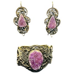 Victorian Druzy Amethyst Silver Bracelet and 2.25 Inch Earrings Filigree Antique